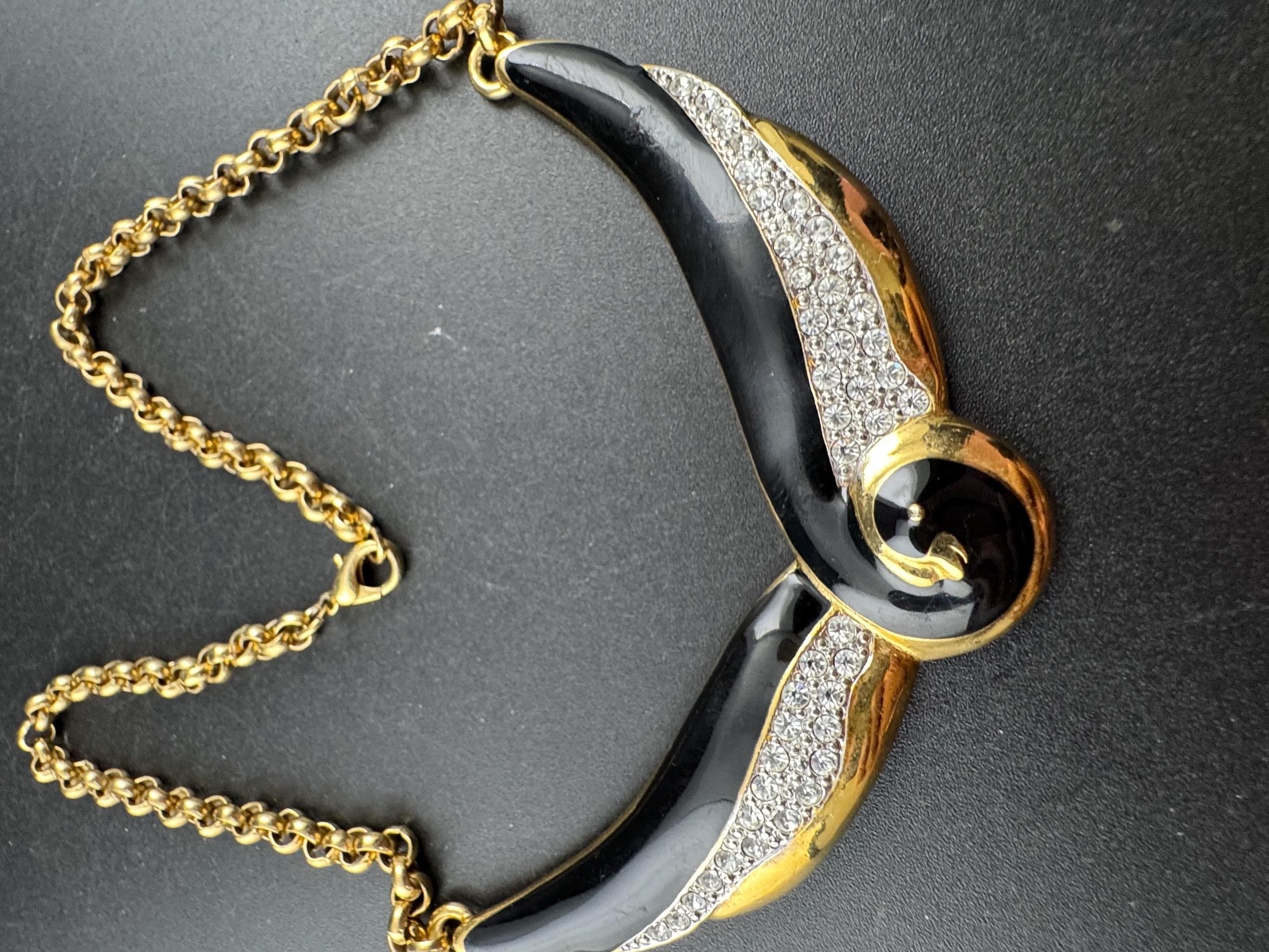 Retro 1980s black enamel diamanté necklace, gold tone chain