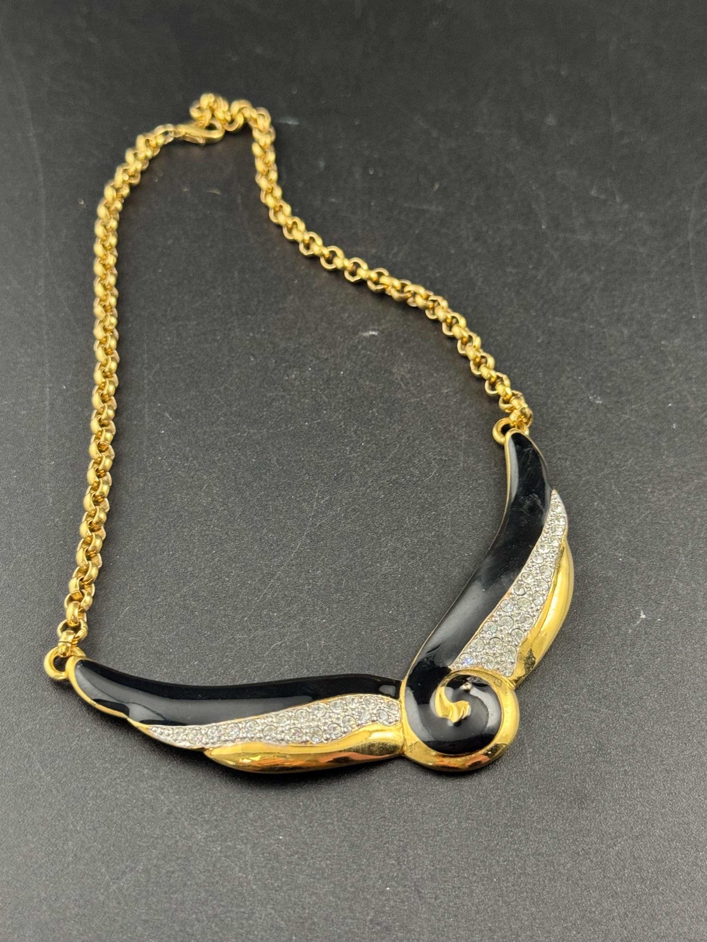 Retro 1980s black enamel diamanté necklace, gold tone chain