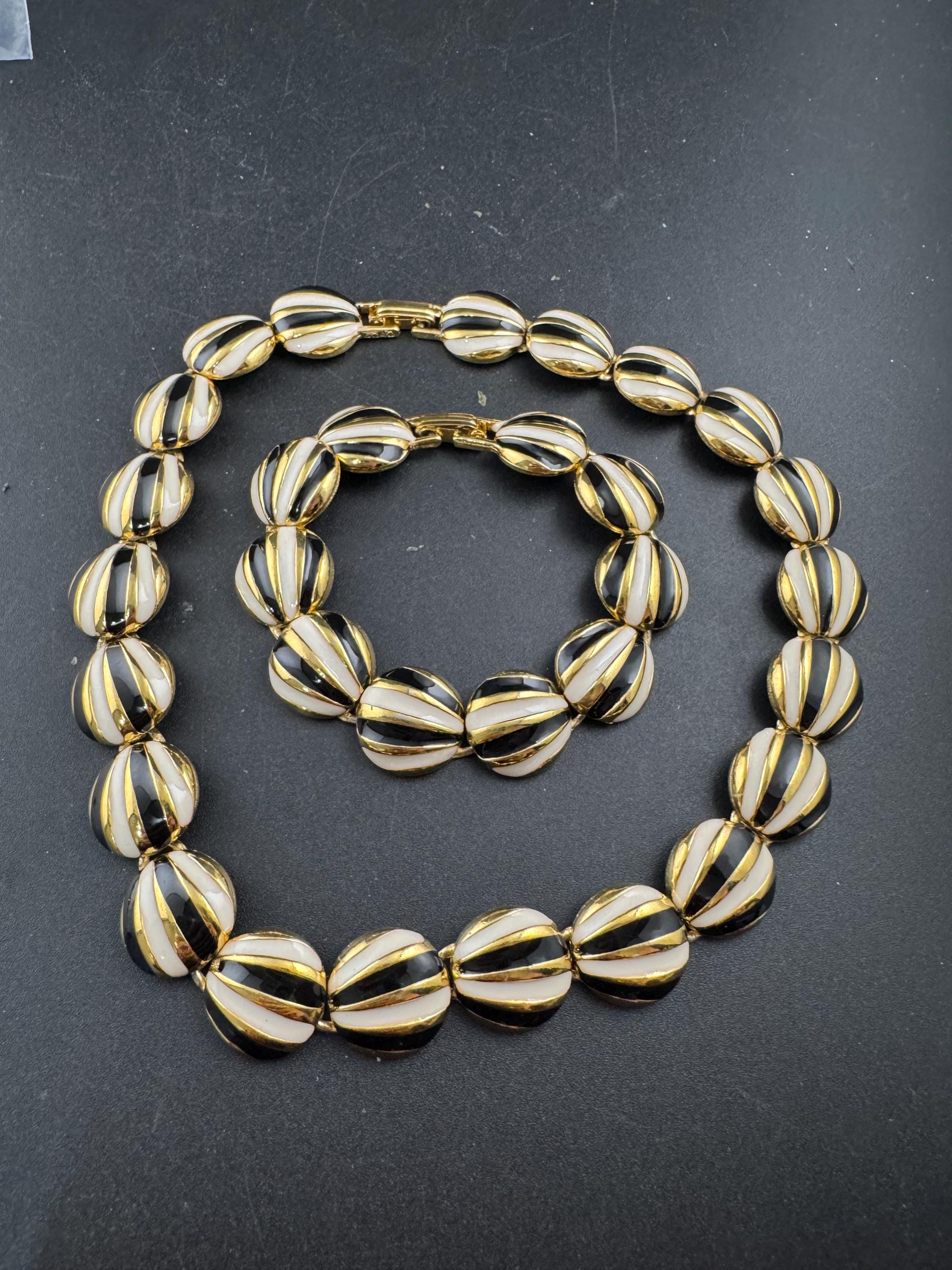 Vintage black and cream enamel panel link necklace and bracelet, jewellery set in gold tone