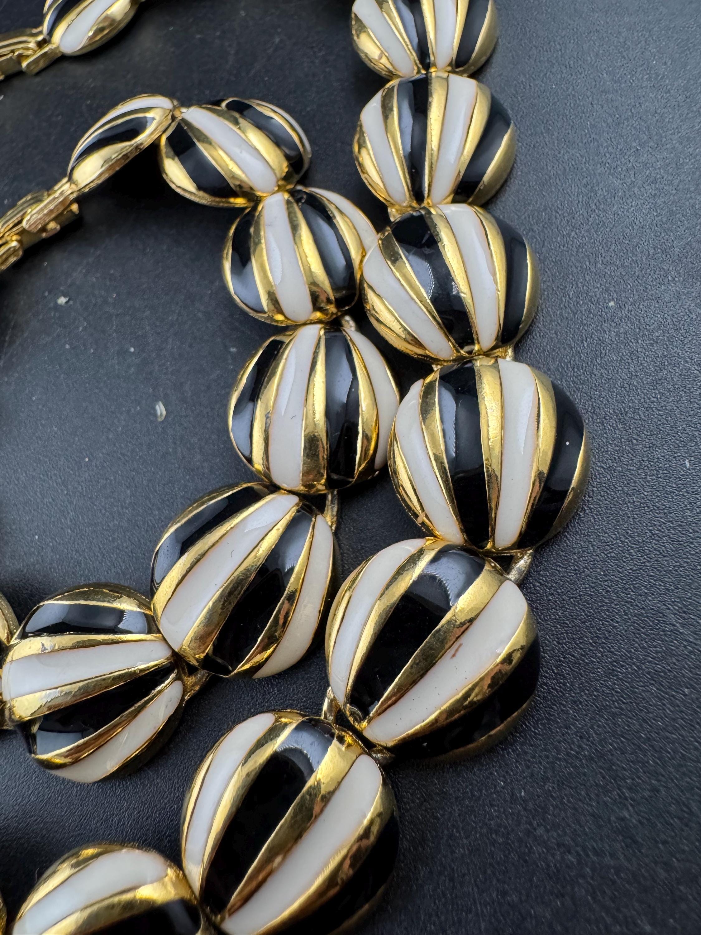 Vintage black and cream enamel panel link necklace and bracelet, jewellery set in gold tone