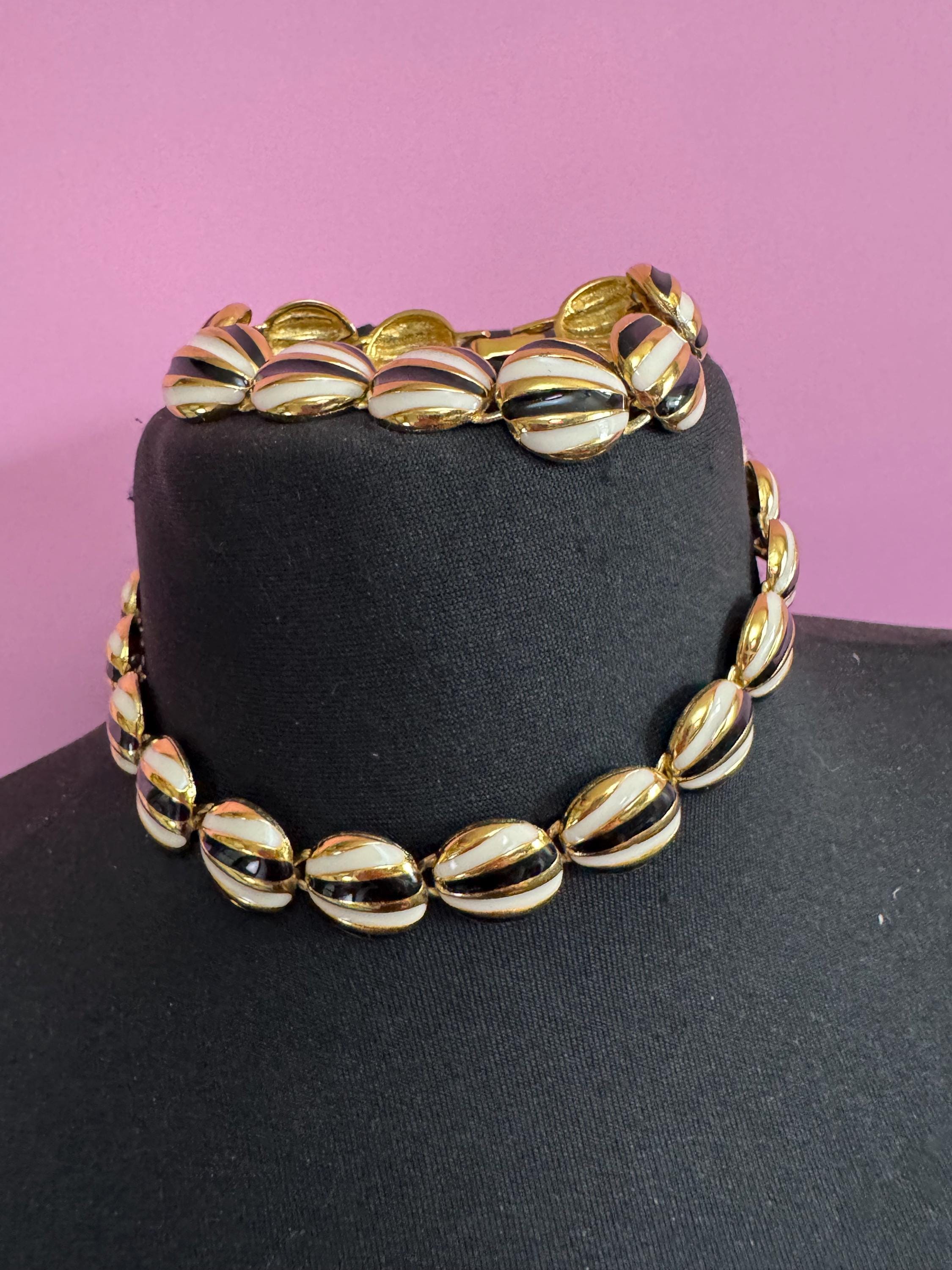 Vintage black and cream enamel panel link necklace and bracelet, jewellery set in gold tone