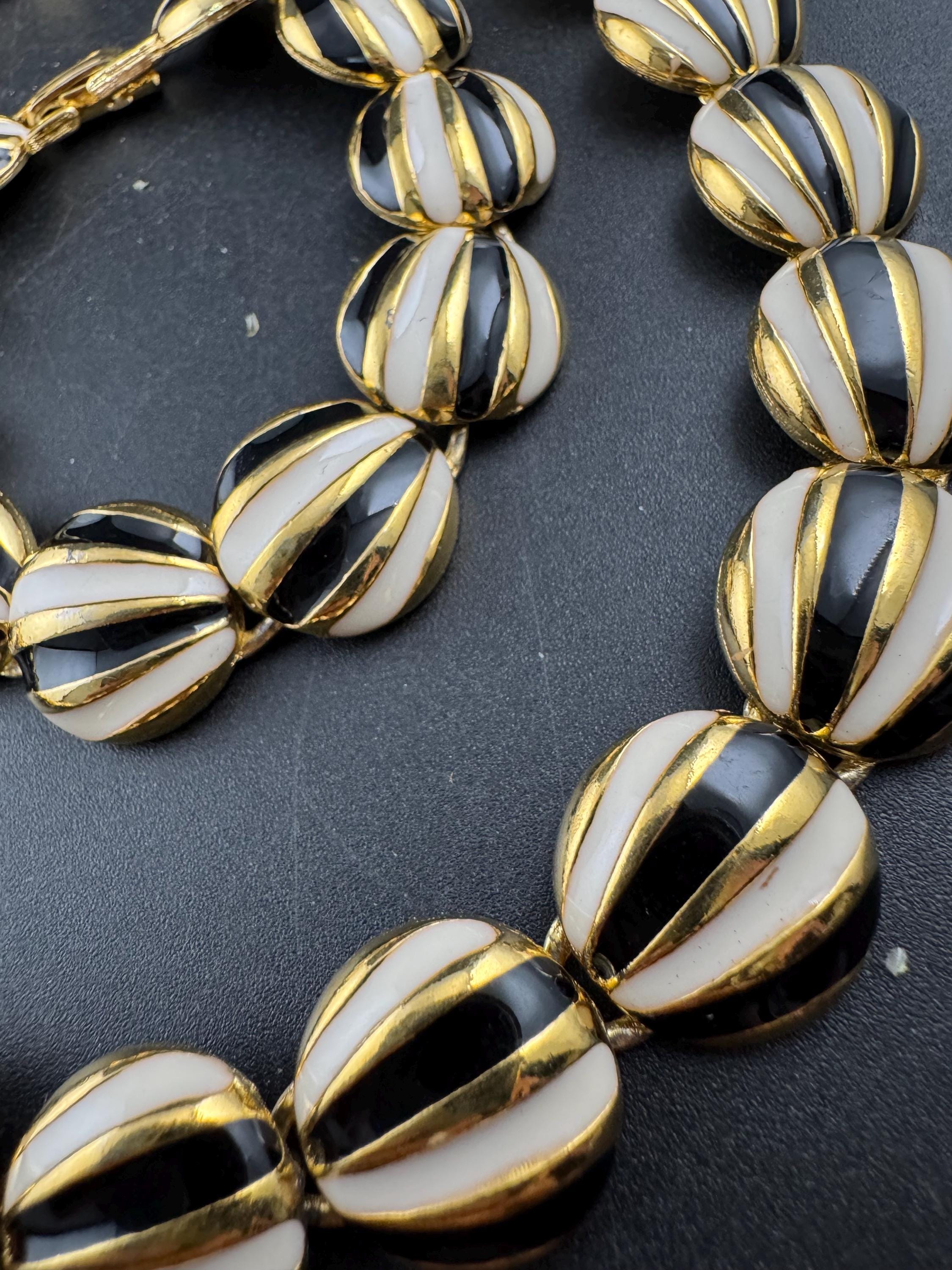 Vintage black and cream enamel panel link necklace and bracelet, jewellery set in gold tone