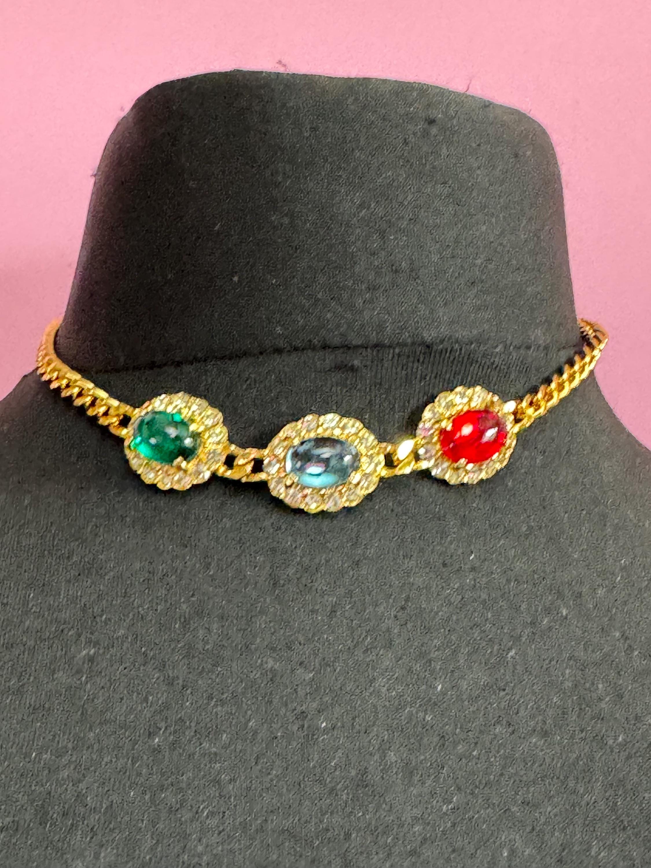 Vintage 1980s Swarovski Choker sapphire earring set, Red, Blue, Green Cabochons & Diamanté