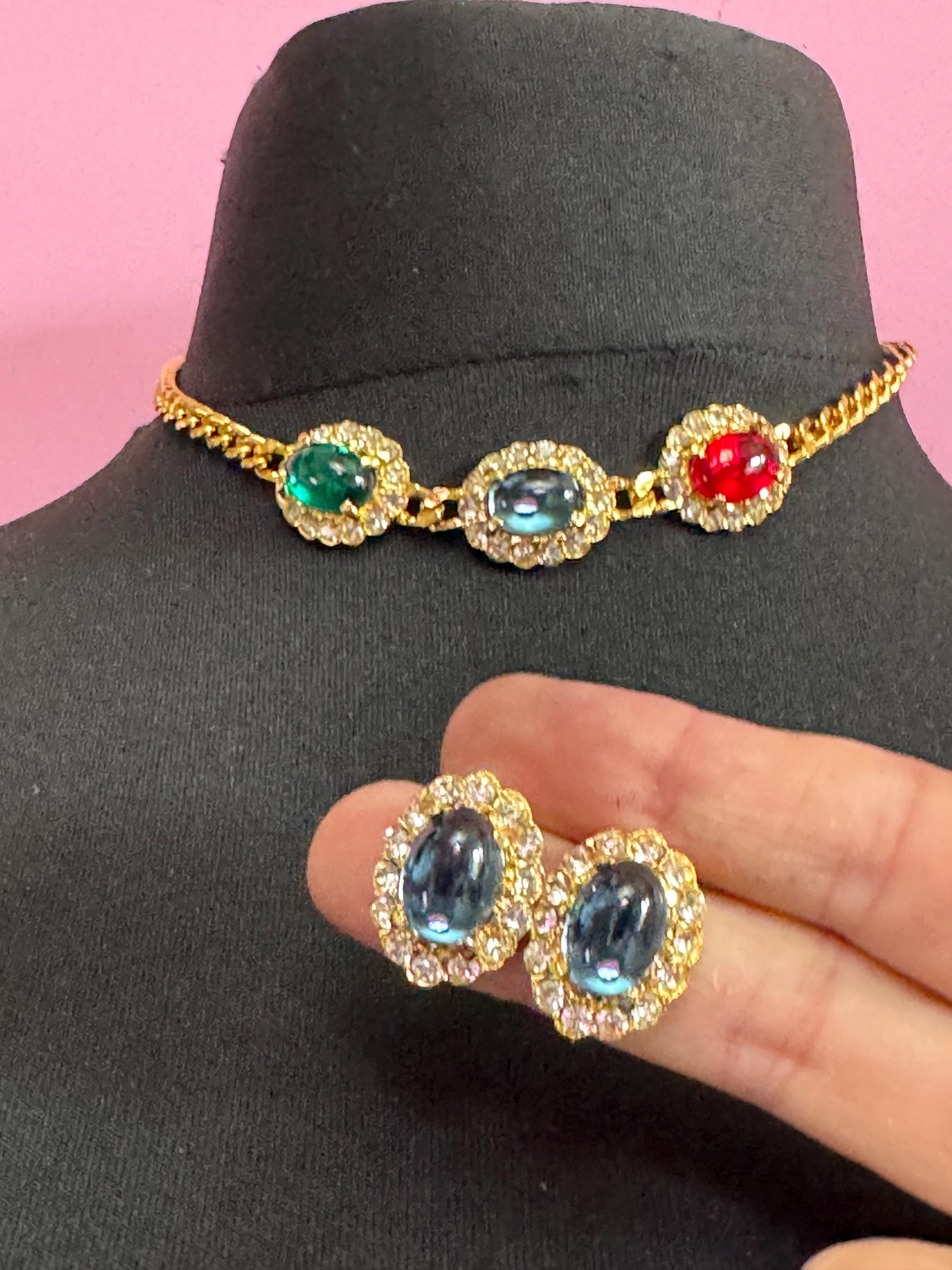 Vintage 1980s Swarovski Choker sapphire earring set, Red, Blue, Green Cabochons & Diamanté