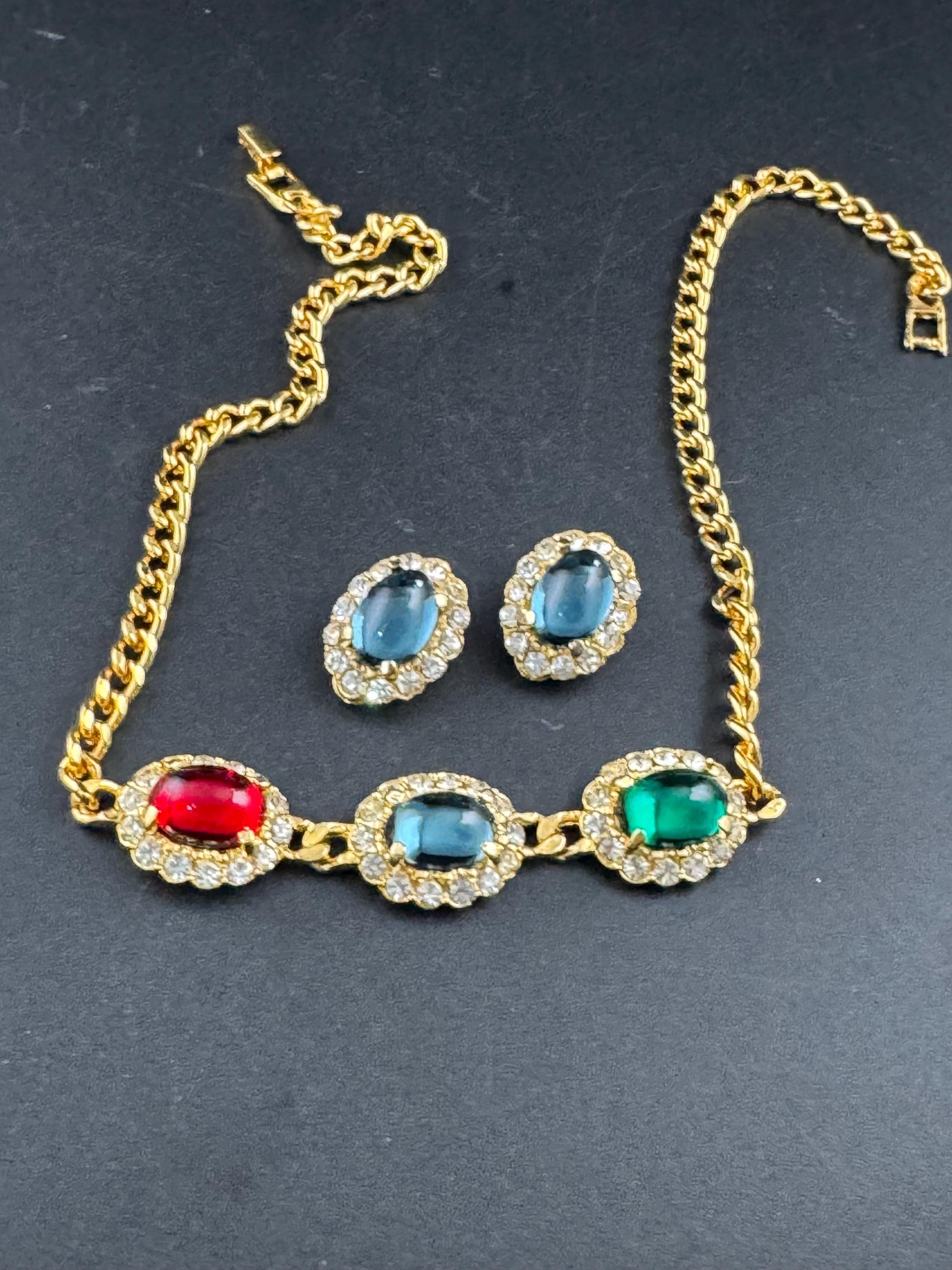 Vintage 1980s Swarovski Choker sapphire earring set, Red, Blue, Green Cabochons & Diamanté