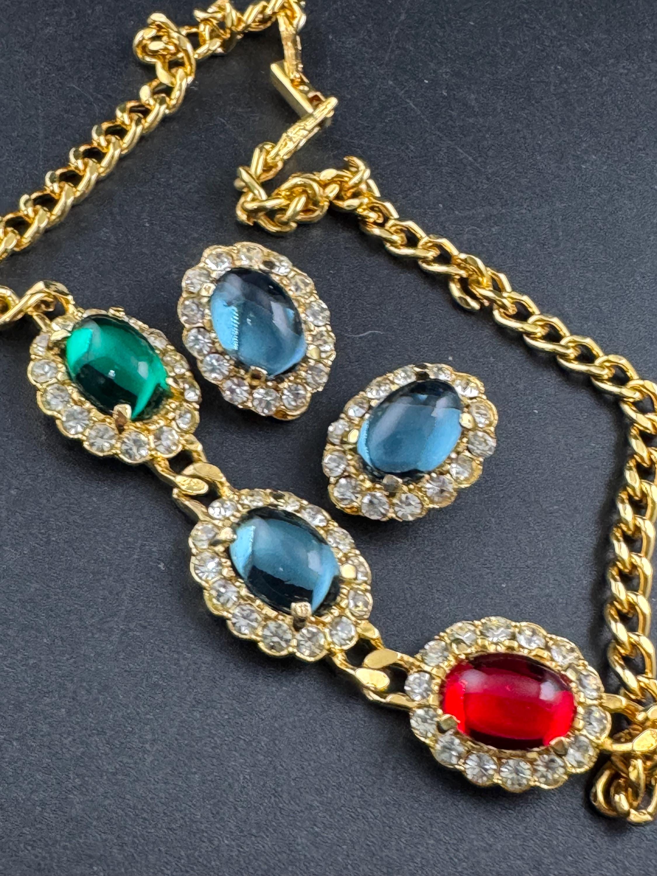 Vintage 1980s Swarovski Choker sapphire earring set, Red, Blue, Green Cabochons & Diamanté