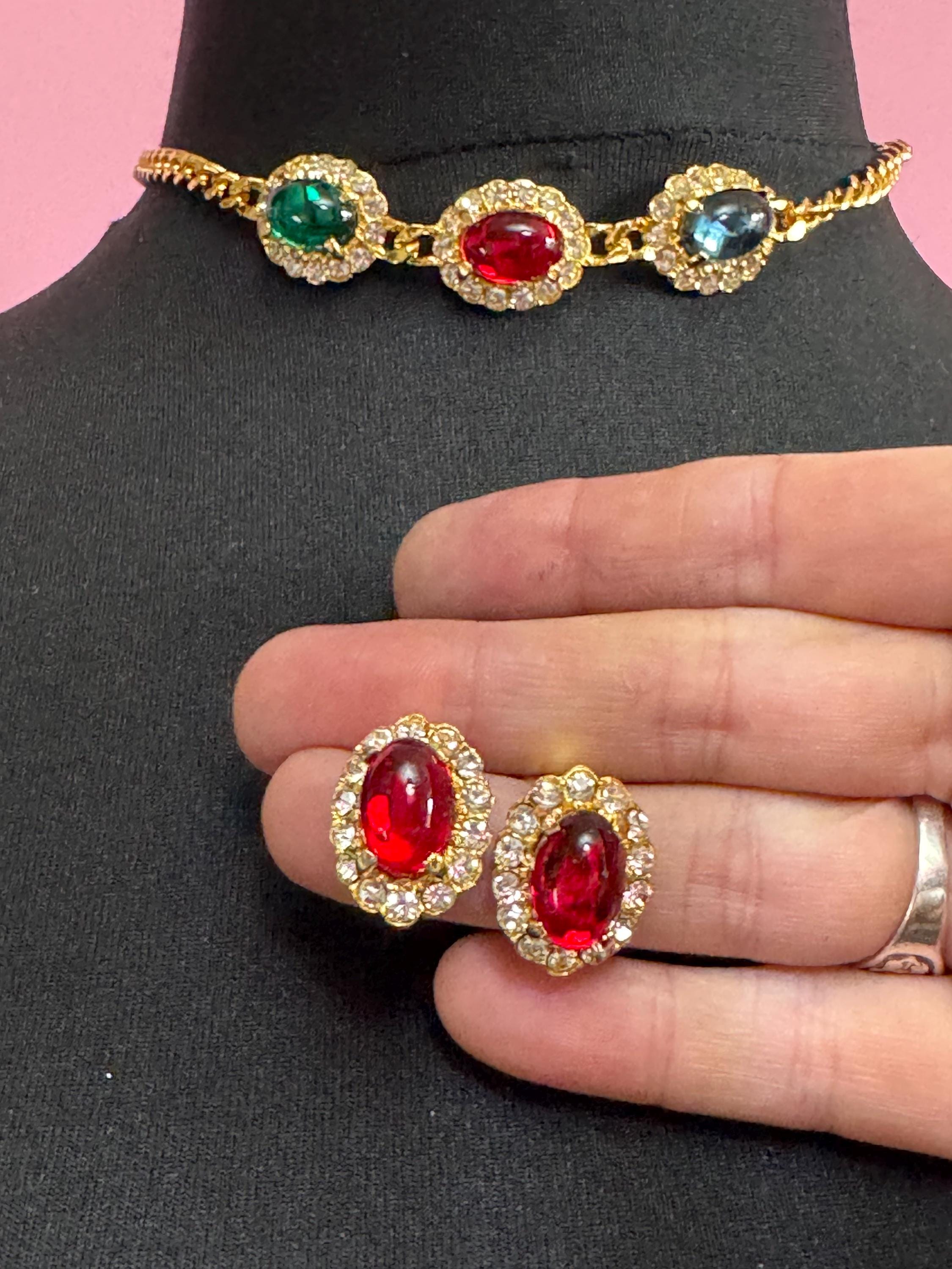 Vintage 1980s Swarovski Choker RUBY earring set, Red, Blue, Green Cabochons & Diamanté