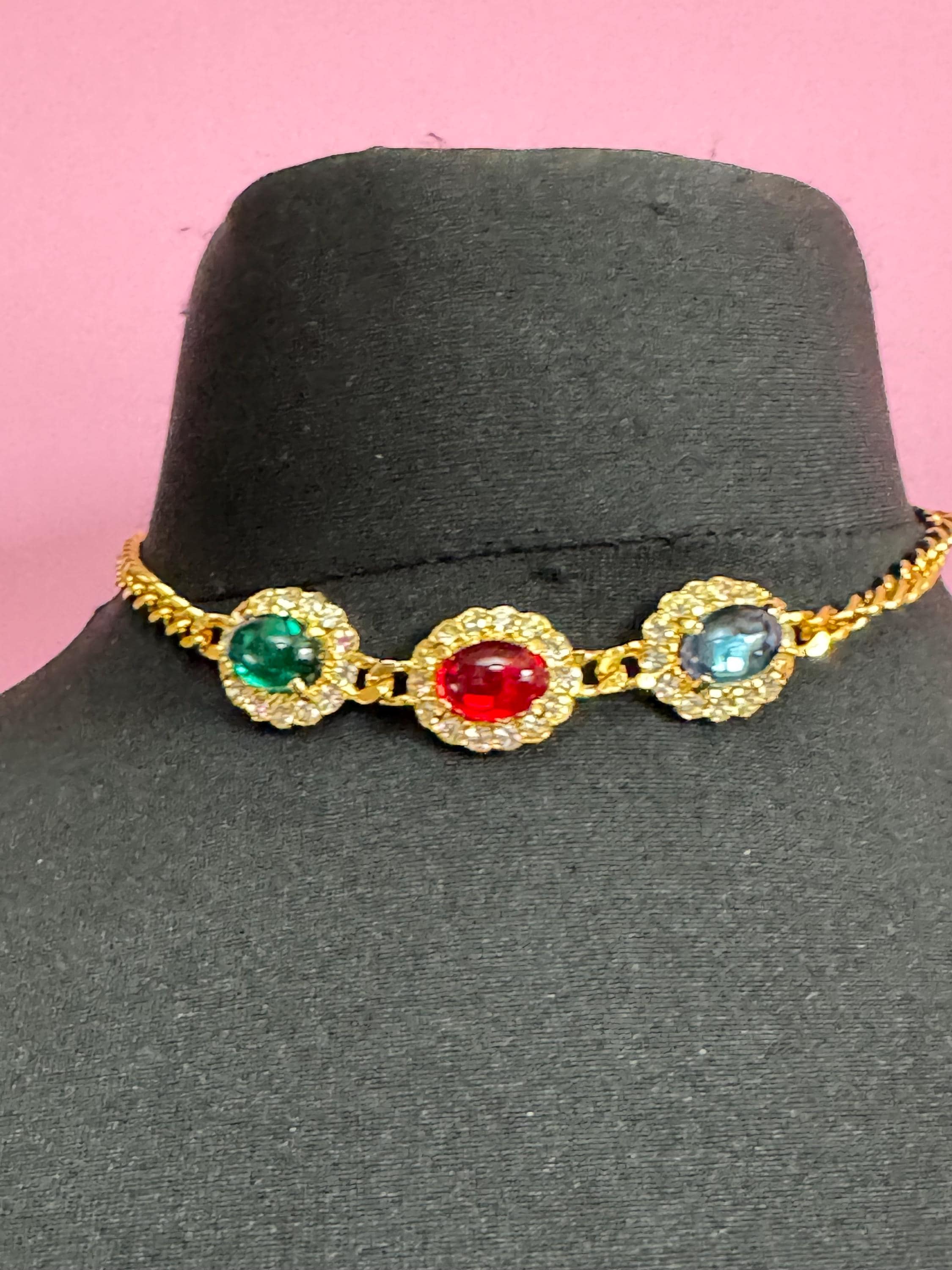 Vintage 1980s Swarovski Choker RUBY earring set, Red, Blue, Green Cabochons & Diamanté