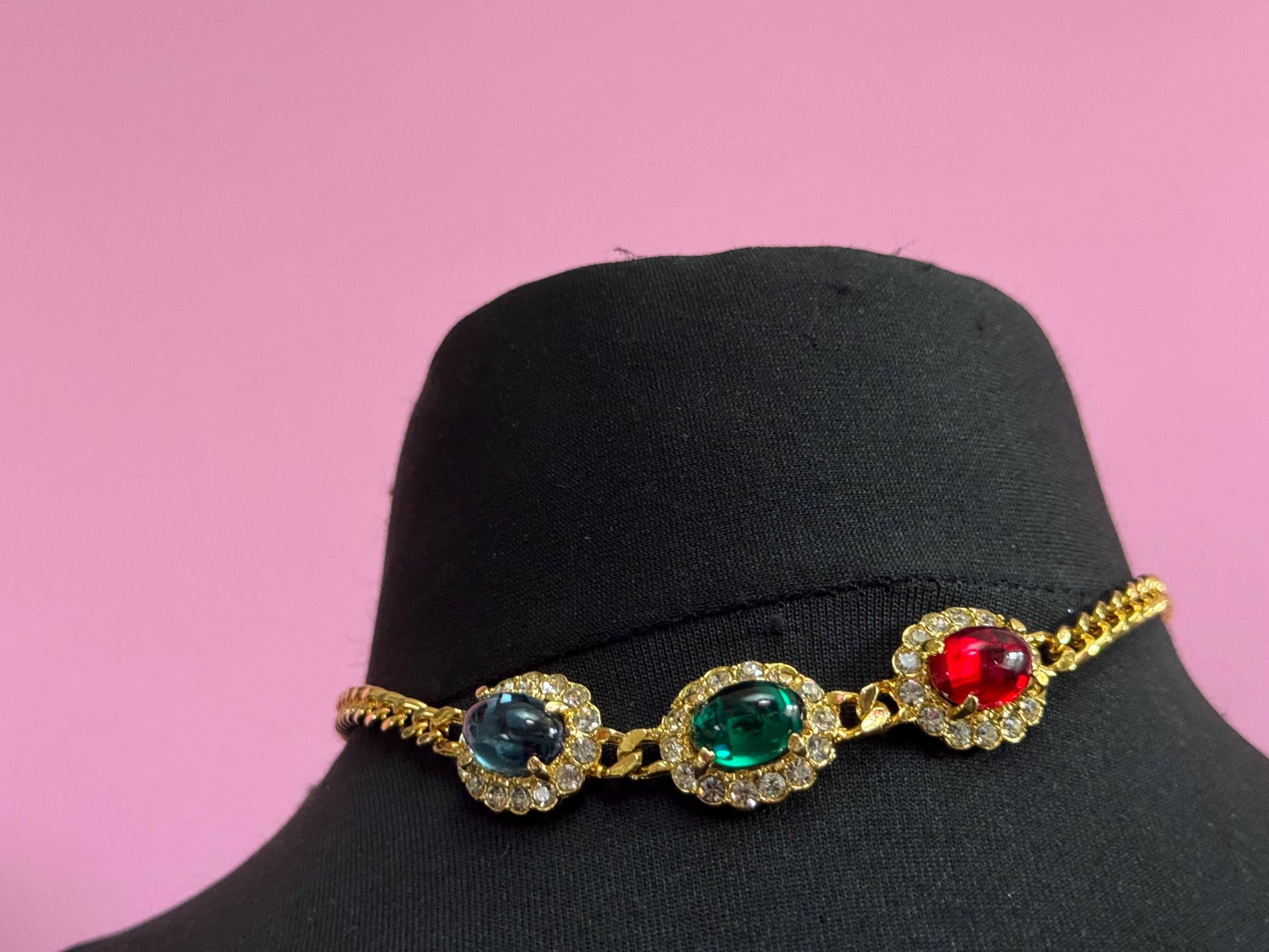 Vintage 1980s Swarovski Choker EMERALD earring set, Red, Blue, Green Cabochons & Diamanté