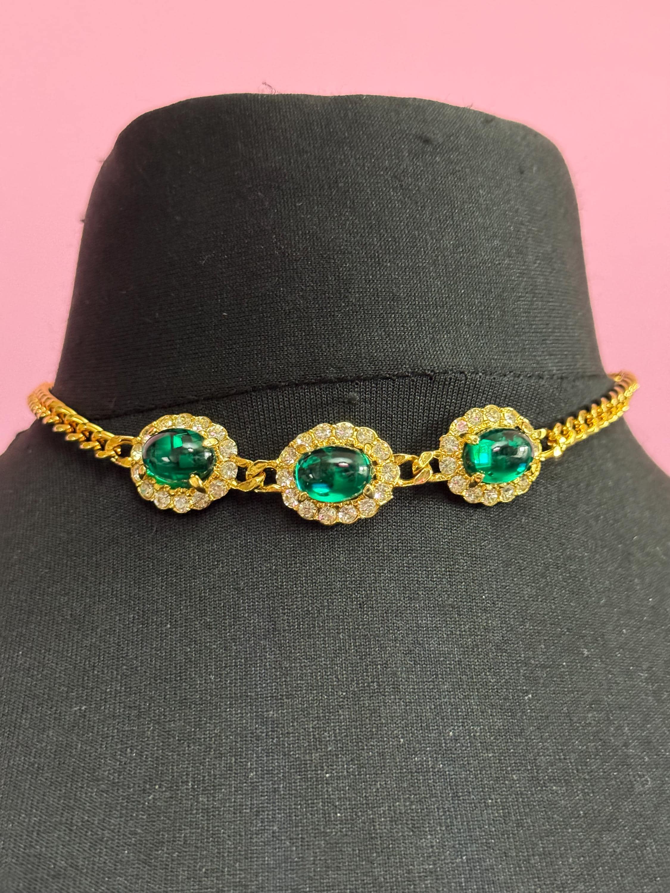Austrian crystal emerald green Oval cabochon and clear diamanté choker necklace and matching clip earrings