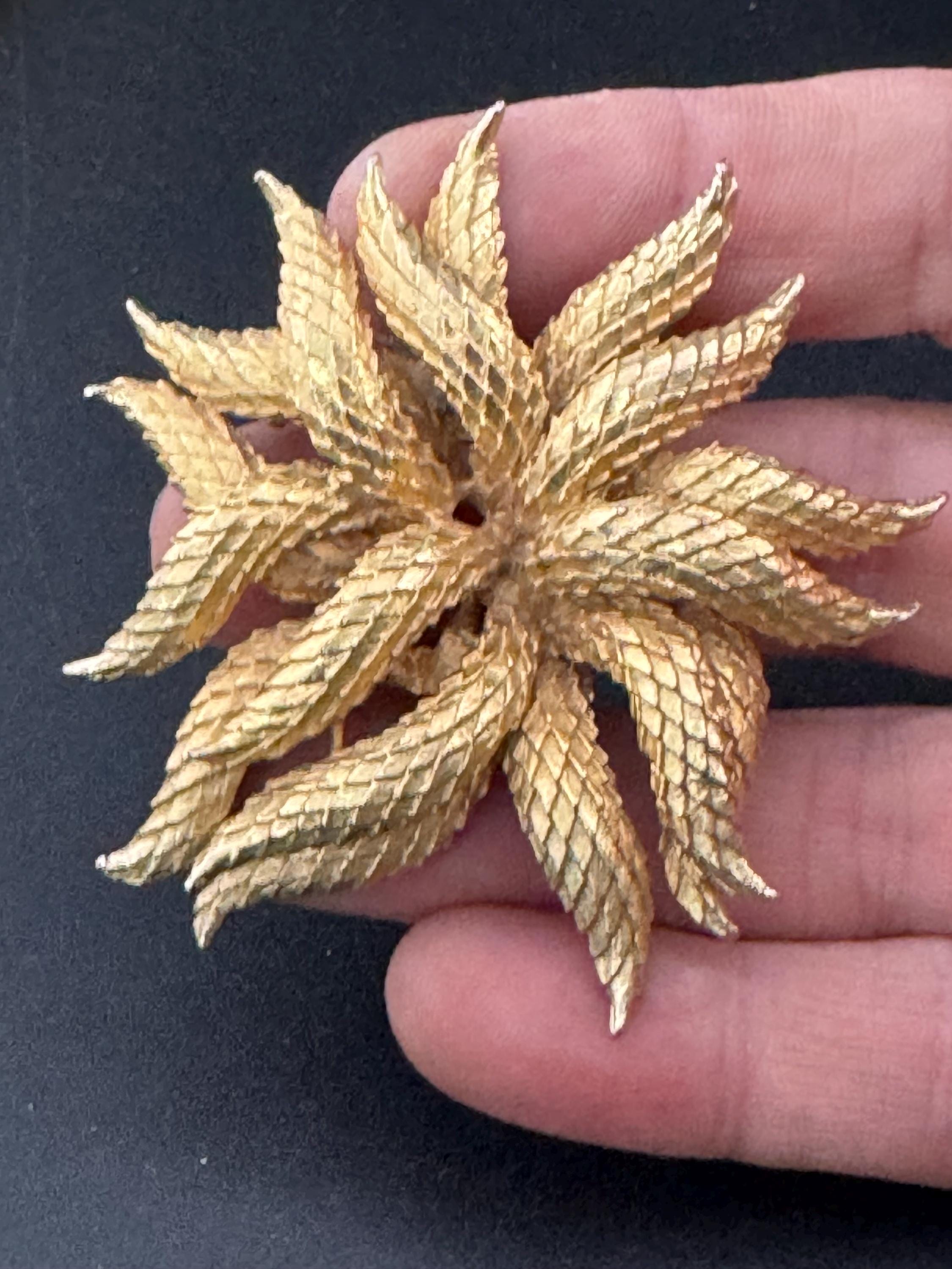 vintage abstract brutalist leaf brooch, gold tone 1970s