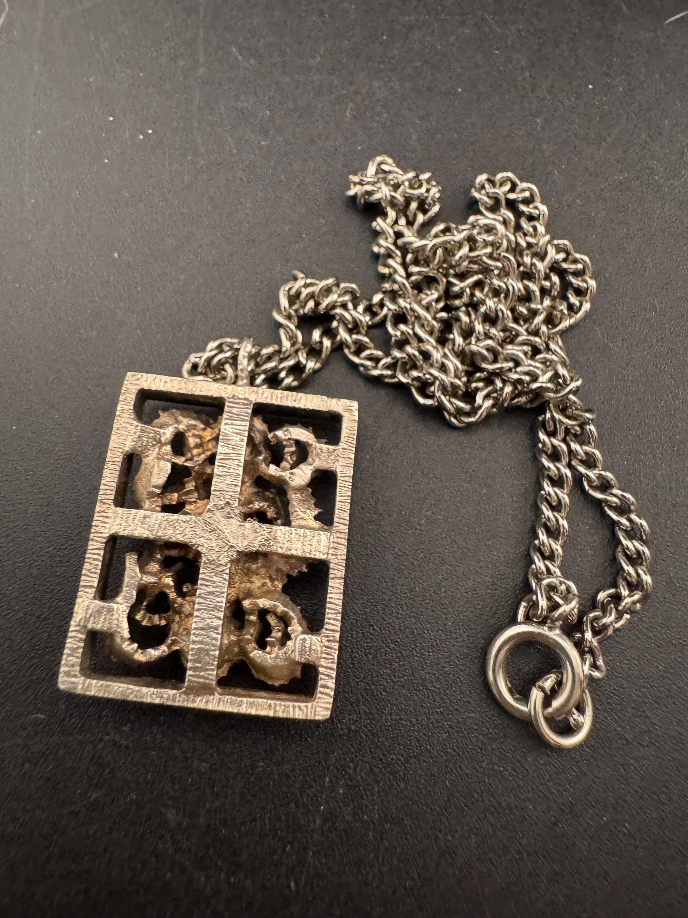 Vintage steel brutalist rectangular pendant necklace
