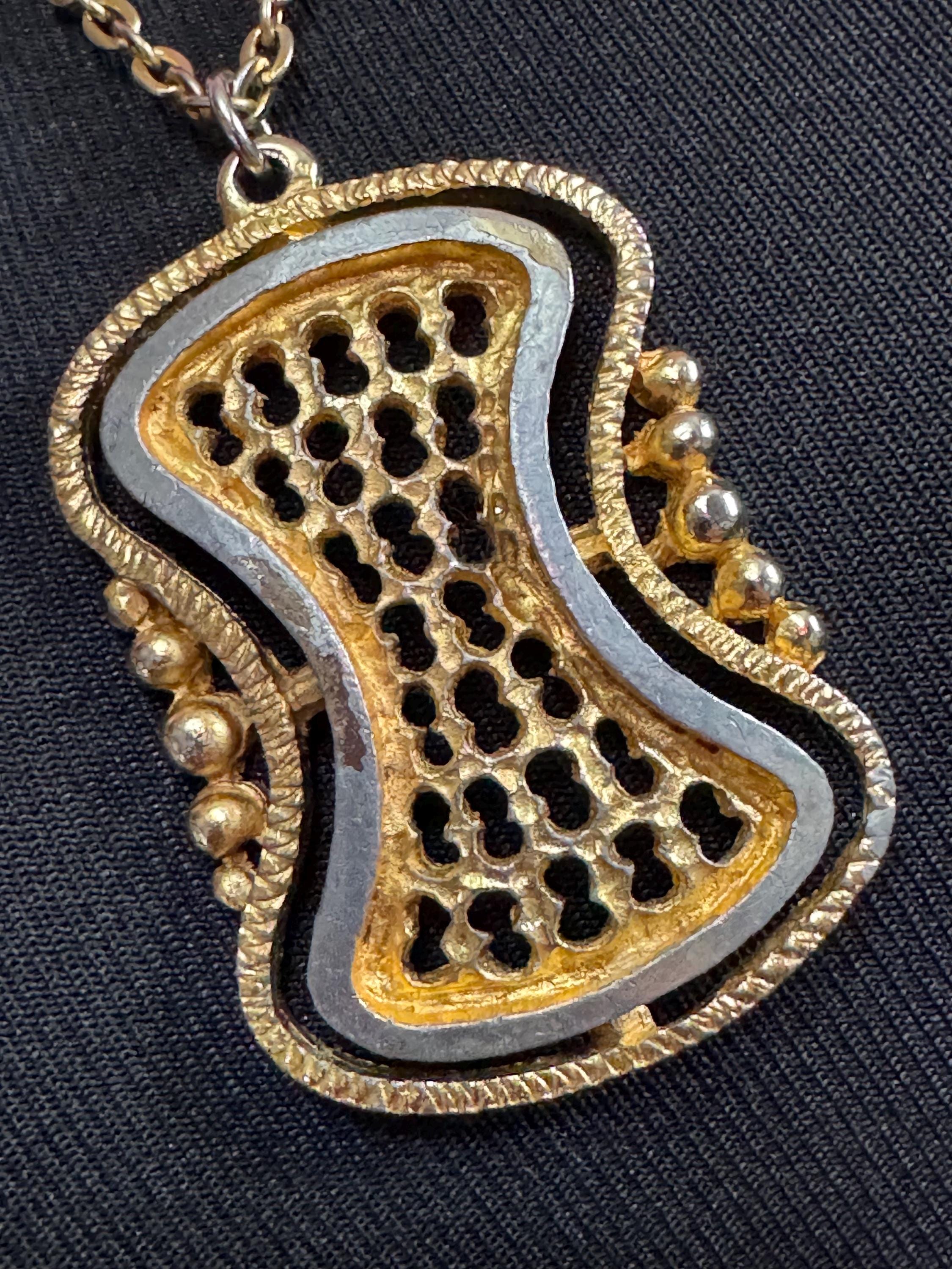 vintage geometric brutalist pendant necklace, 1970s gold and silver tone