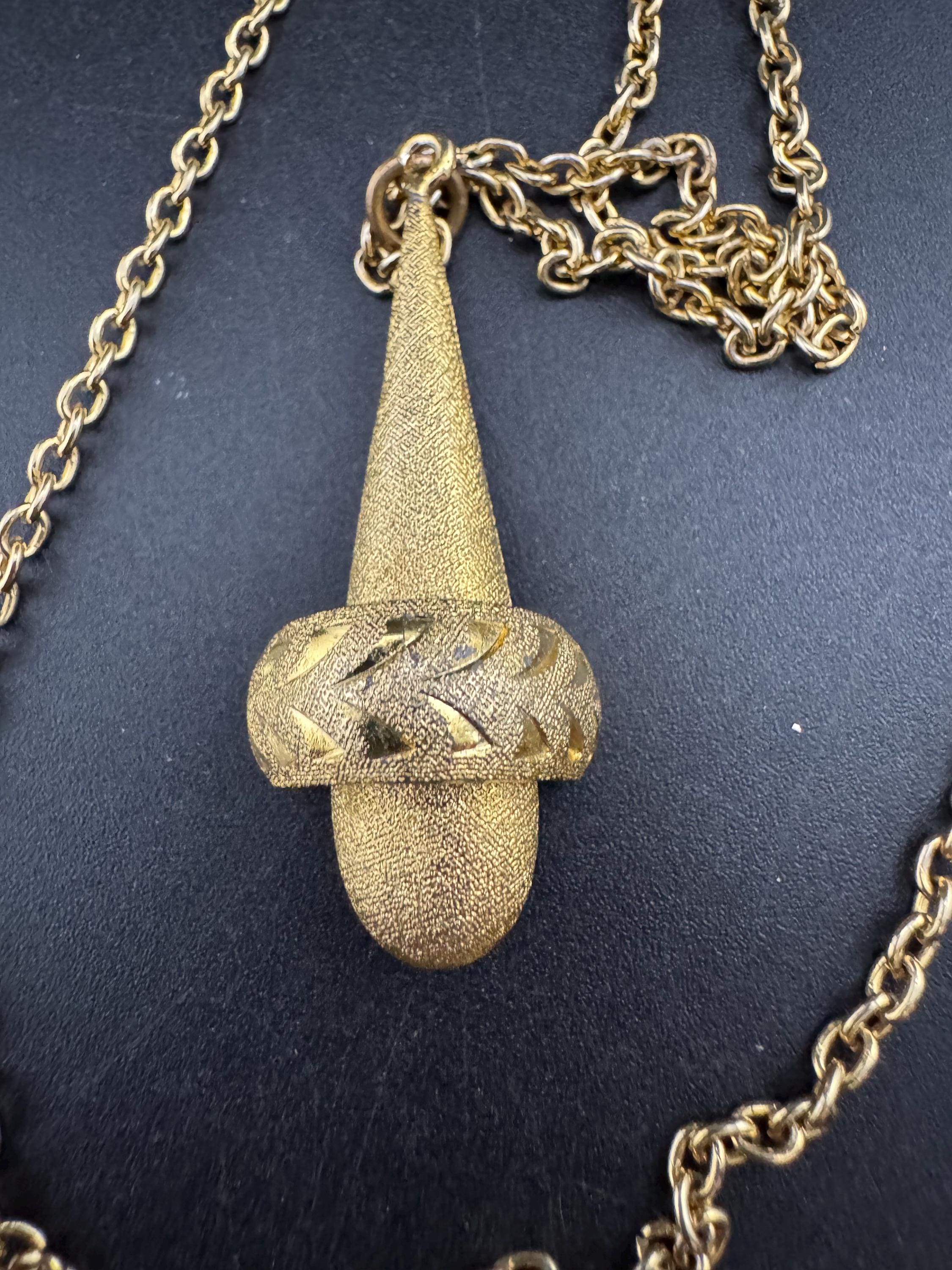 Vintage modernist teardrop pendant necklace, gold tone brushed metal