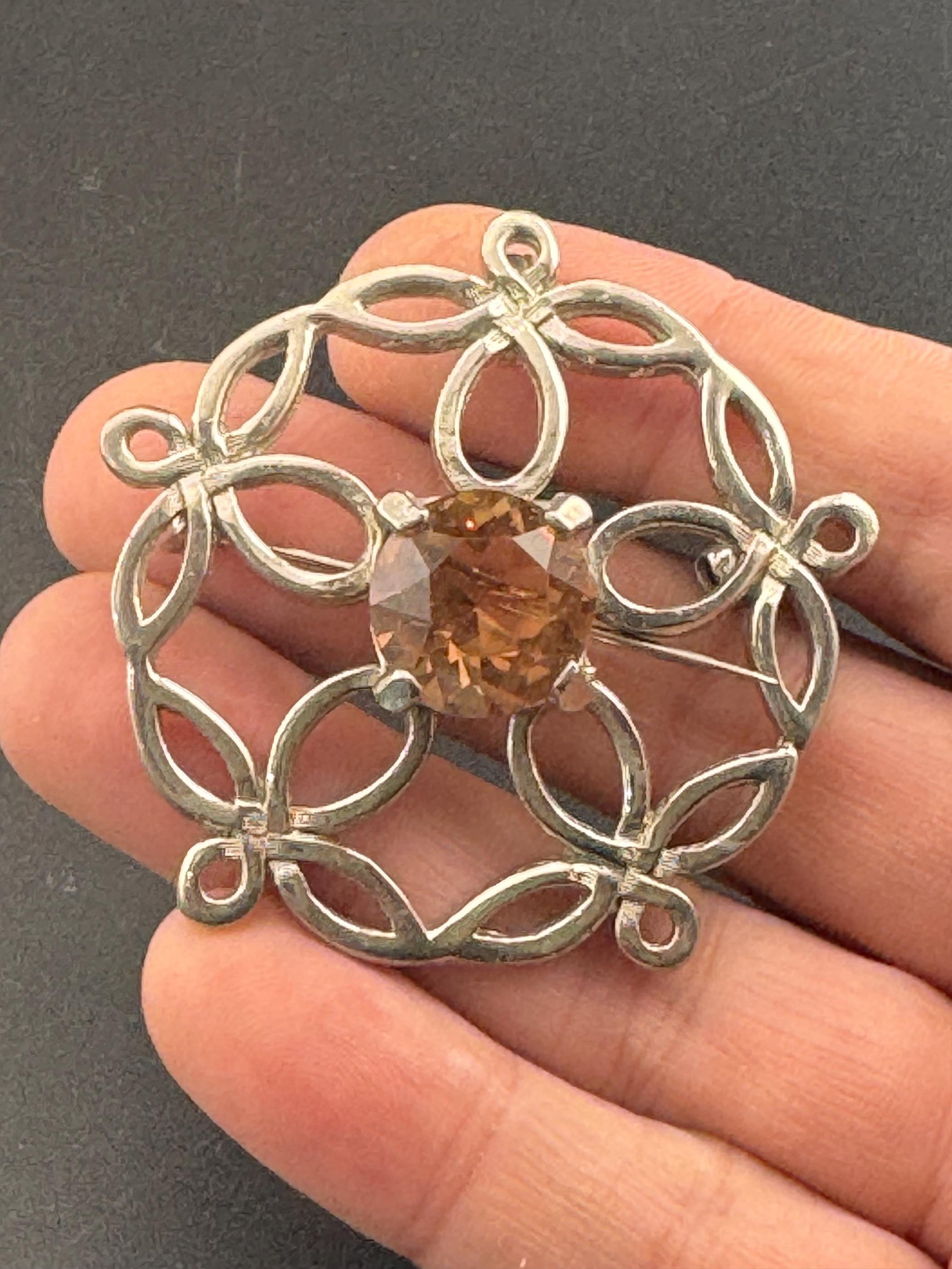 Vintage Scottish Brooch Pendant: Faux Citrine, Silver Tone, Signed JEM 74