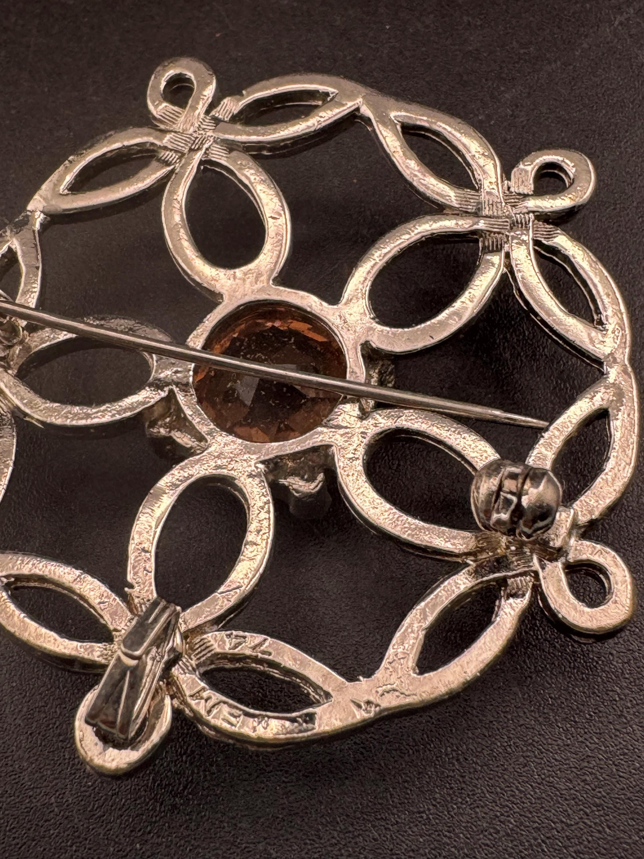 Vintage Scottish Brooch Pendant: Faux Citrine, Silver Tone, Signed JEM 74