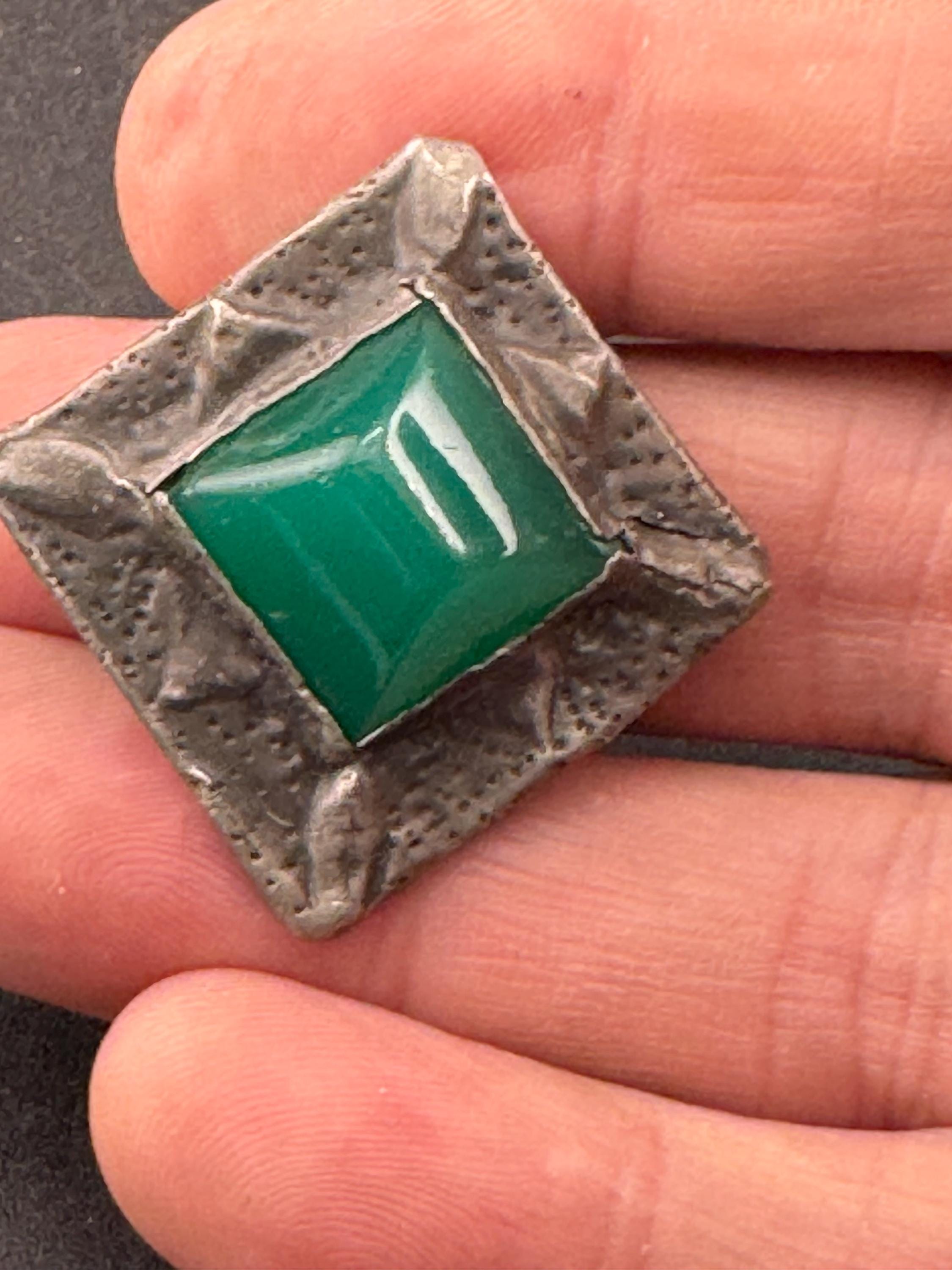 Victorian arts and crafts pewter brooch, green cabochon Ruskin style