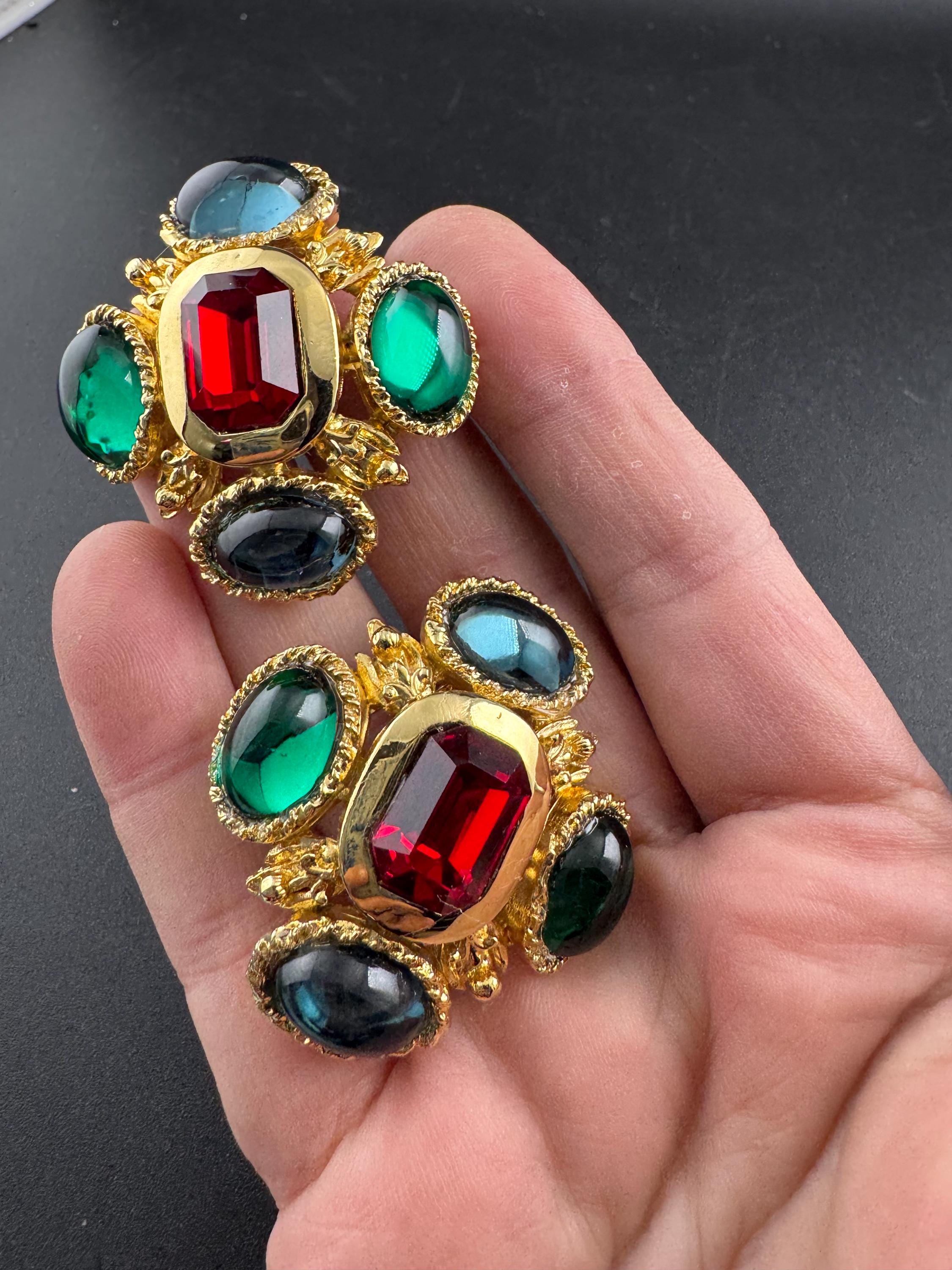 Vintage 1980s Swarovski Crystal Cross Earrings: Gold Tone Emerald ruby sapphire Cabochon