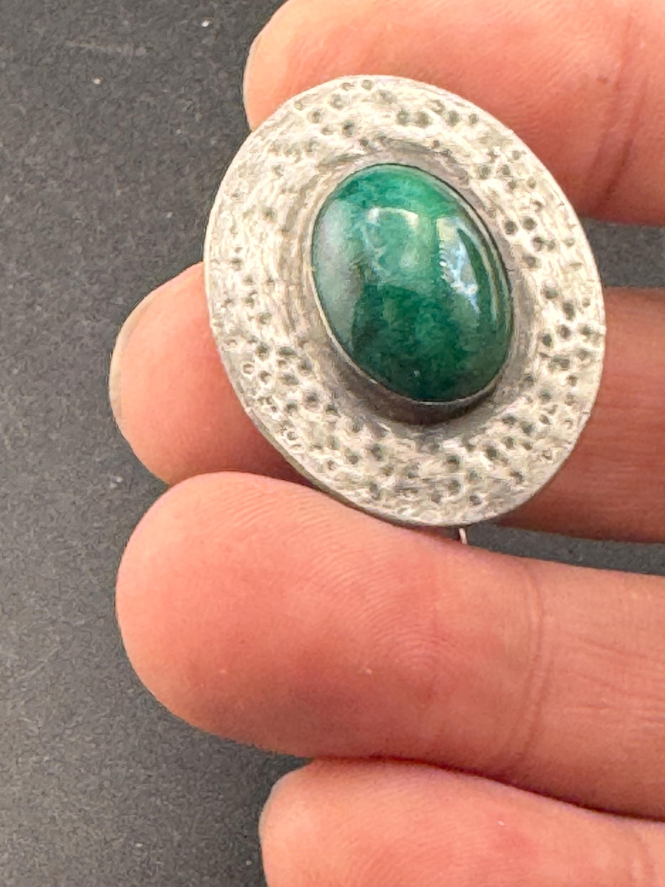 Vintage arts and crafts pewter brooch, green cabochon Ruskin style