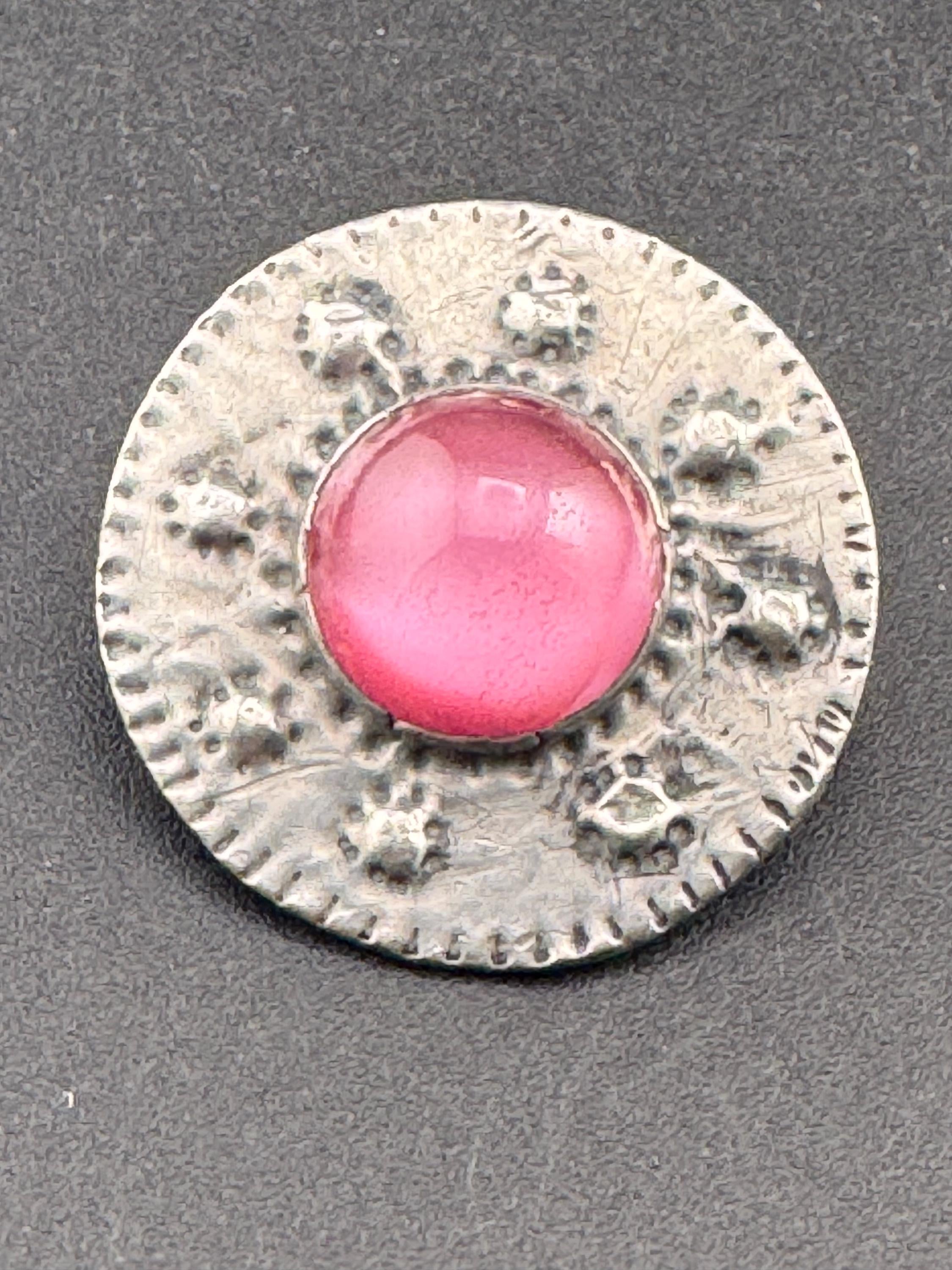 Vintage arts and crafts pewter brooch, pink glass cabochon Ruskin style