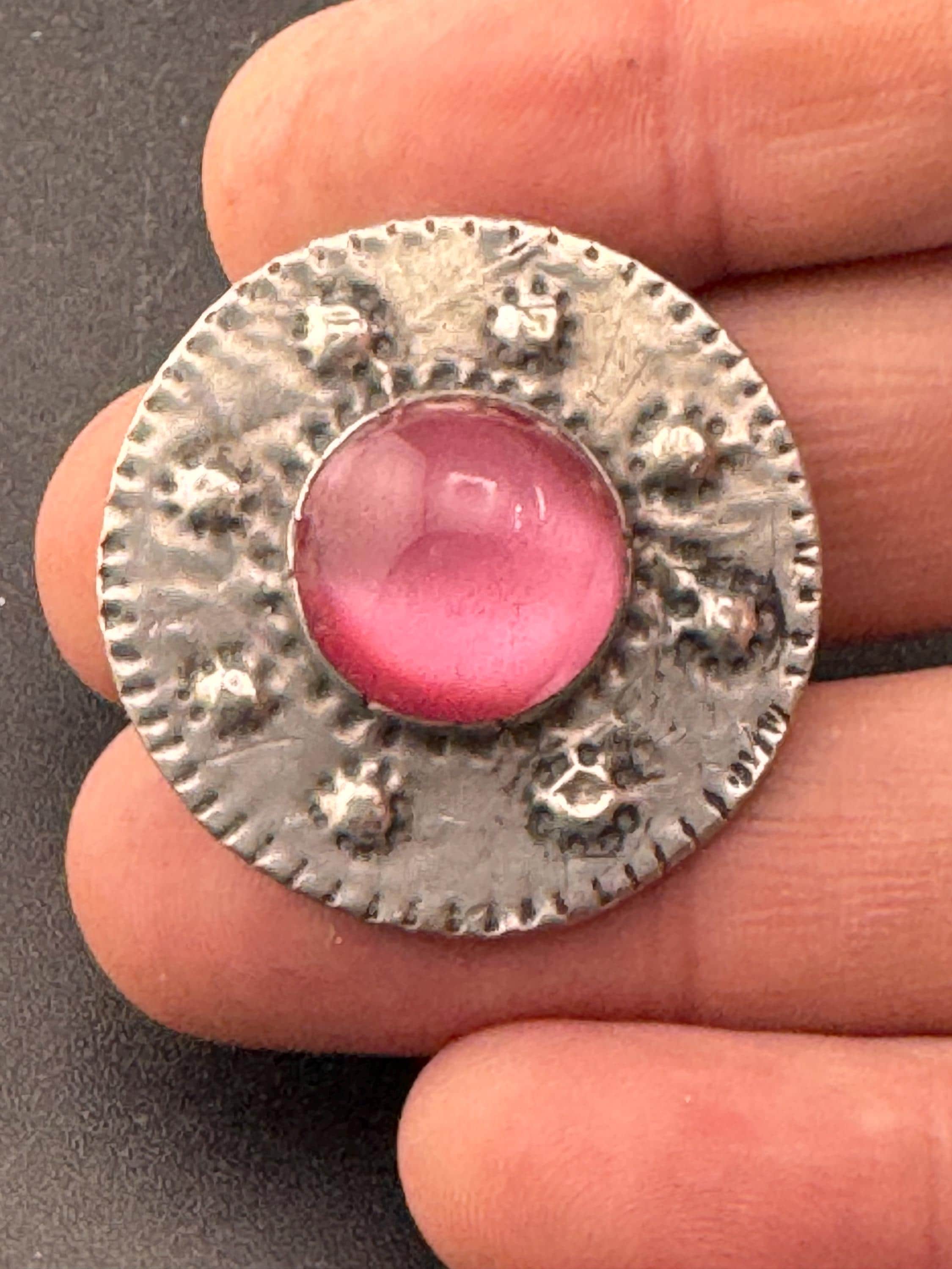 Vintage arts and crafts pewter brooch, pink glass cabochon Ruskin style
