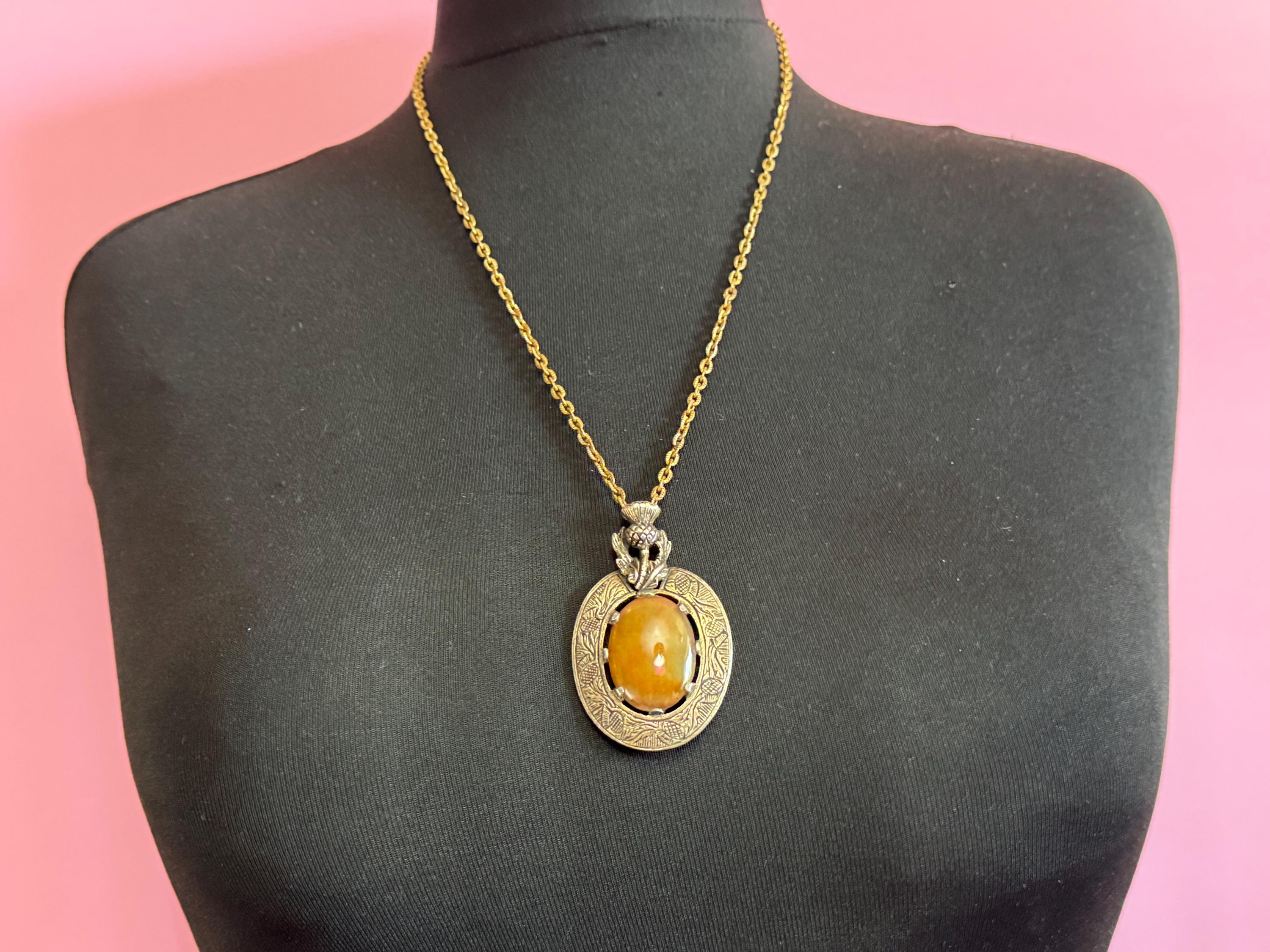 Scottish thistle silver tone brown oval Glass cabochon pendant on 62cm chain Vintage