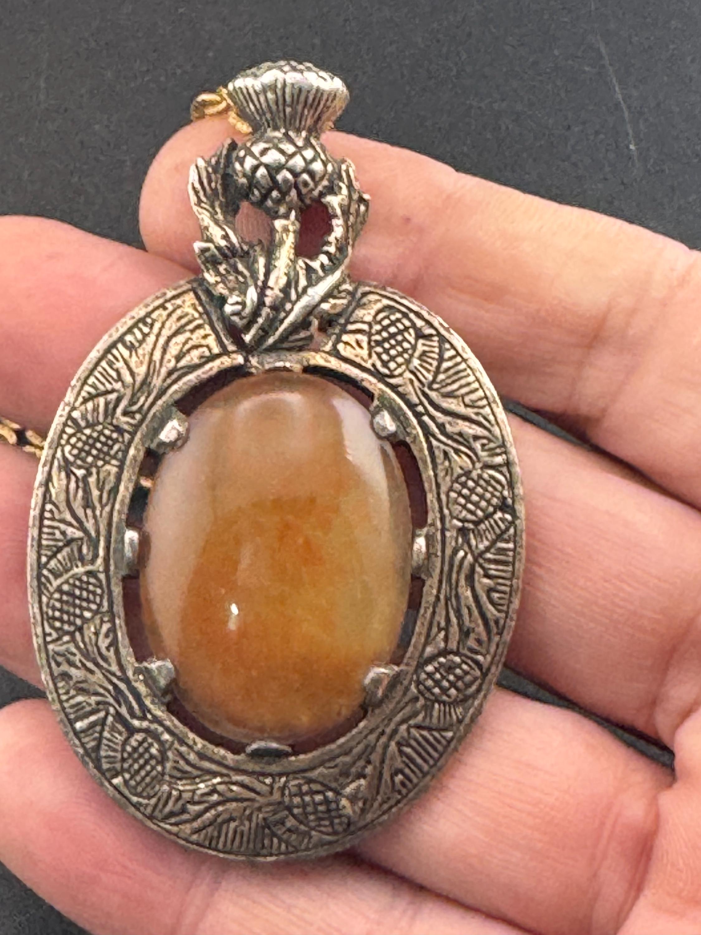 Scottish thistle silver tone brown oval Glass cabochon pendant on 62cm chain Vintage