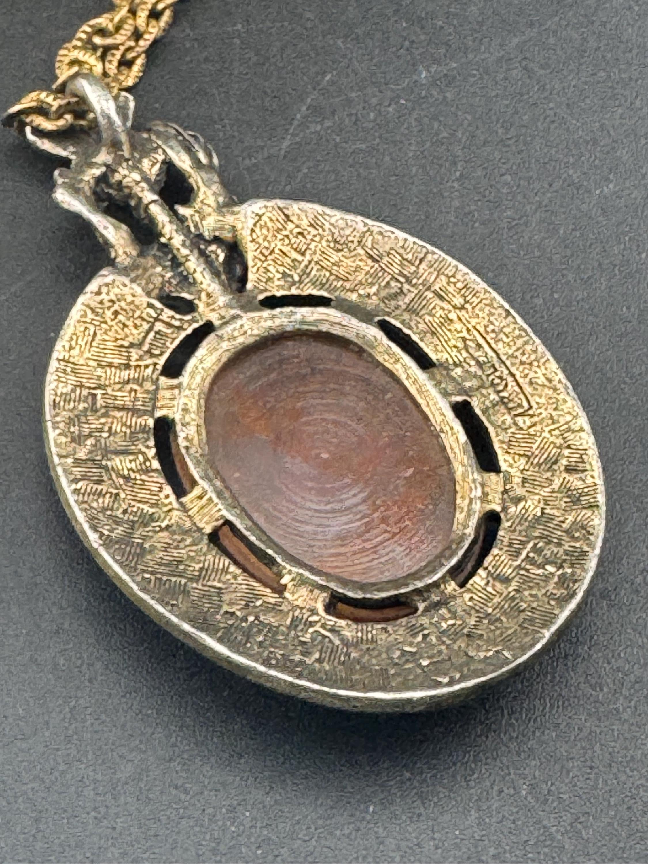 Scottish thistle silver tone brown oval Glass cabochon pendant on 62cm chain Vintage