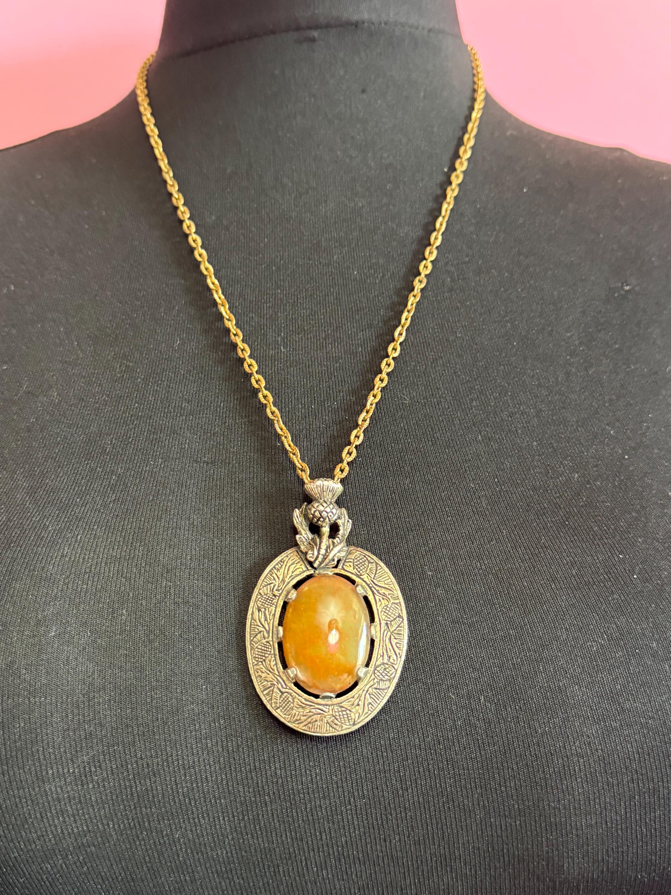 Scottish thistle silver tone brown oval Glass cabochon pendant on 62cm chain Vintage