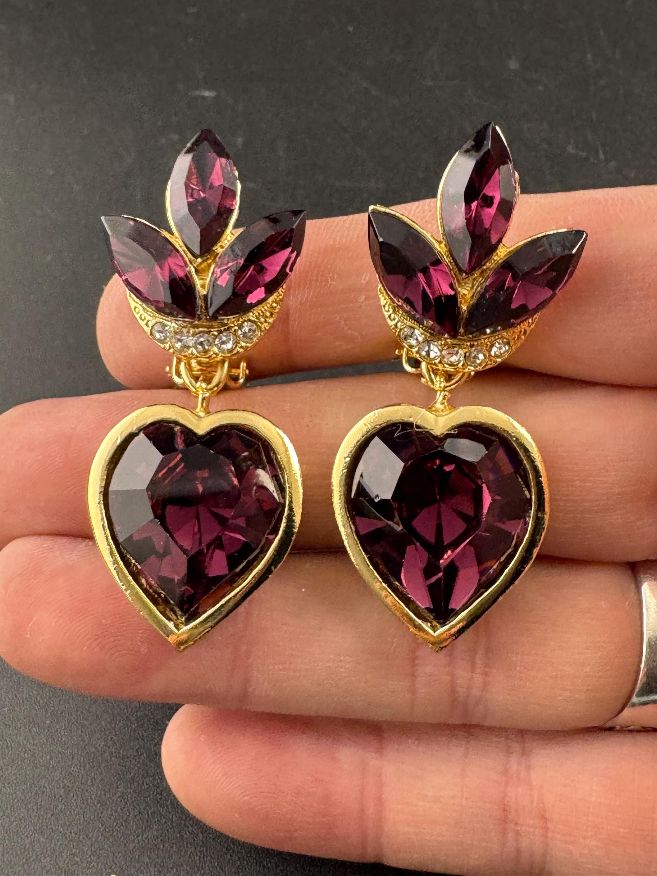 Vintage 1980s Swarovski Crystal dangly Earrings: Gold Tone Purple Crystal