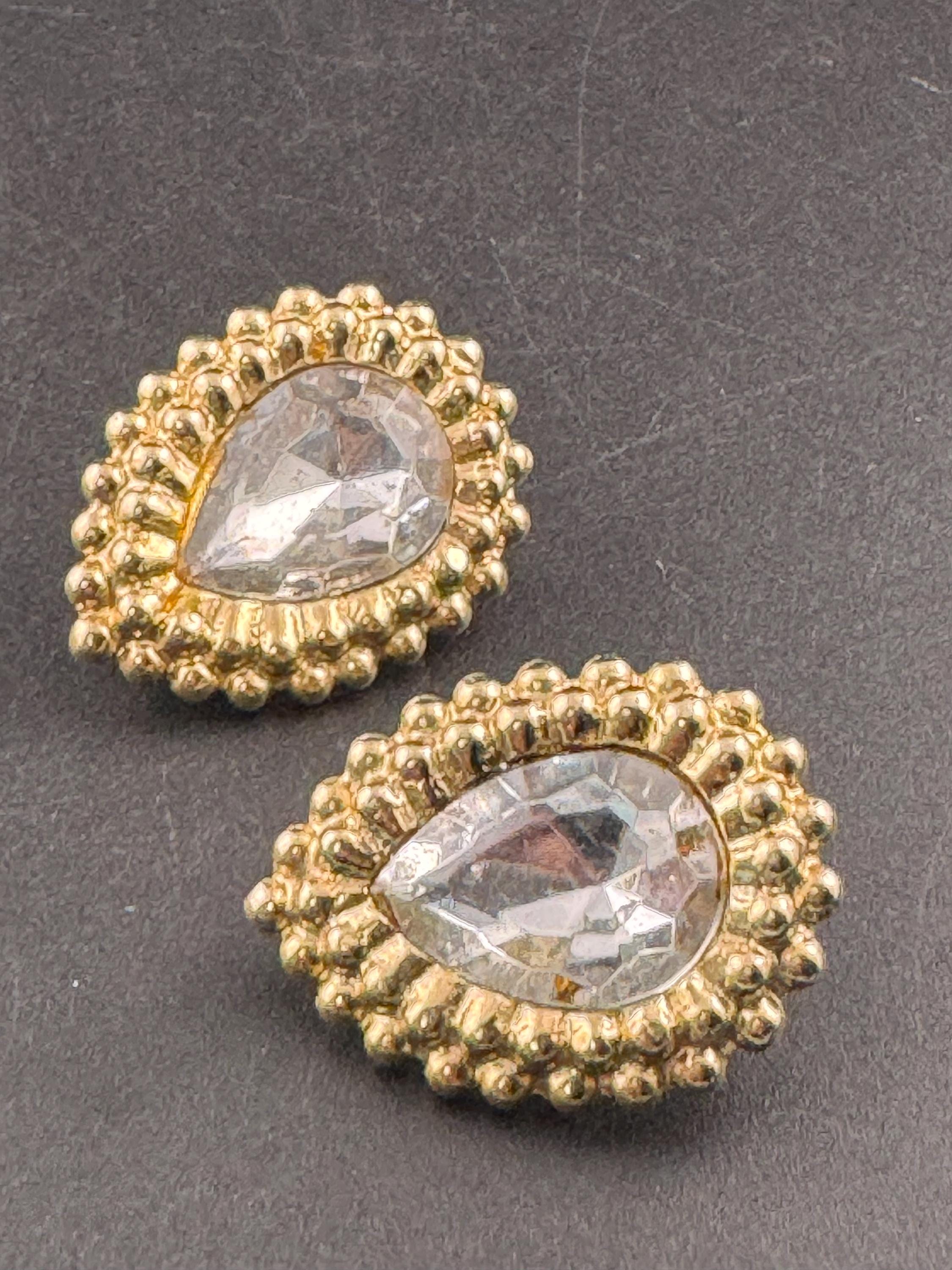 vintage oversized 4cm clear glass crystal teardrop stud earrings , gold tone