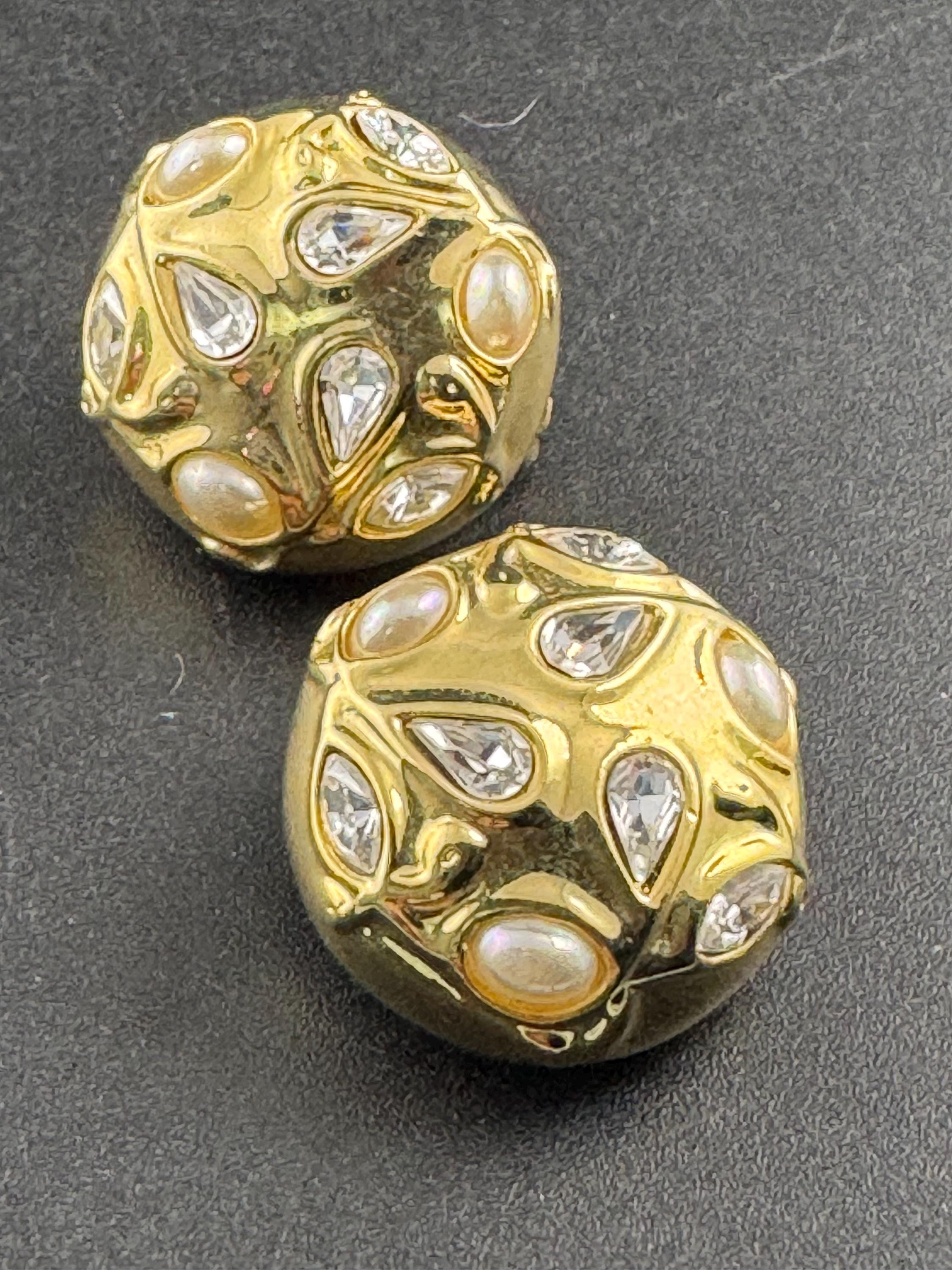 Faux pearl and Clear Diamanté paste gold tone domed Clip On Earrings