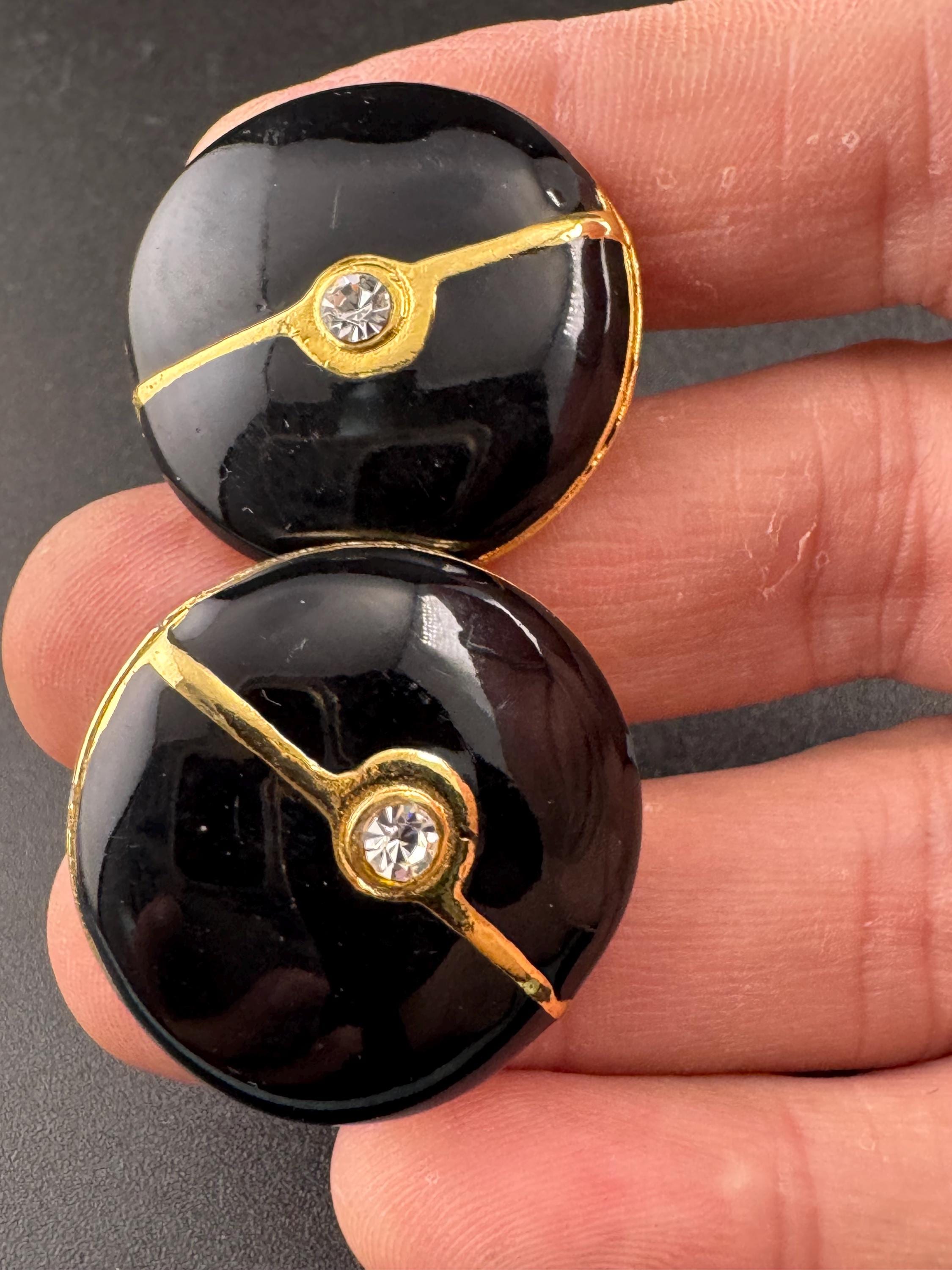 Vintage black enamel diamante and pearl clip on earrings, gold tone 1980s