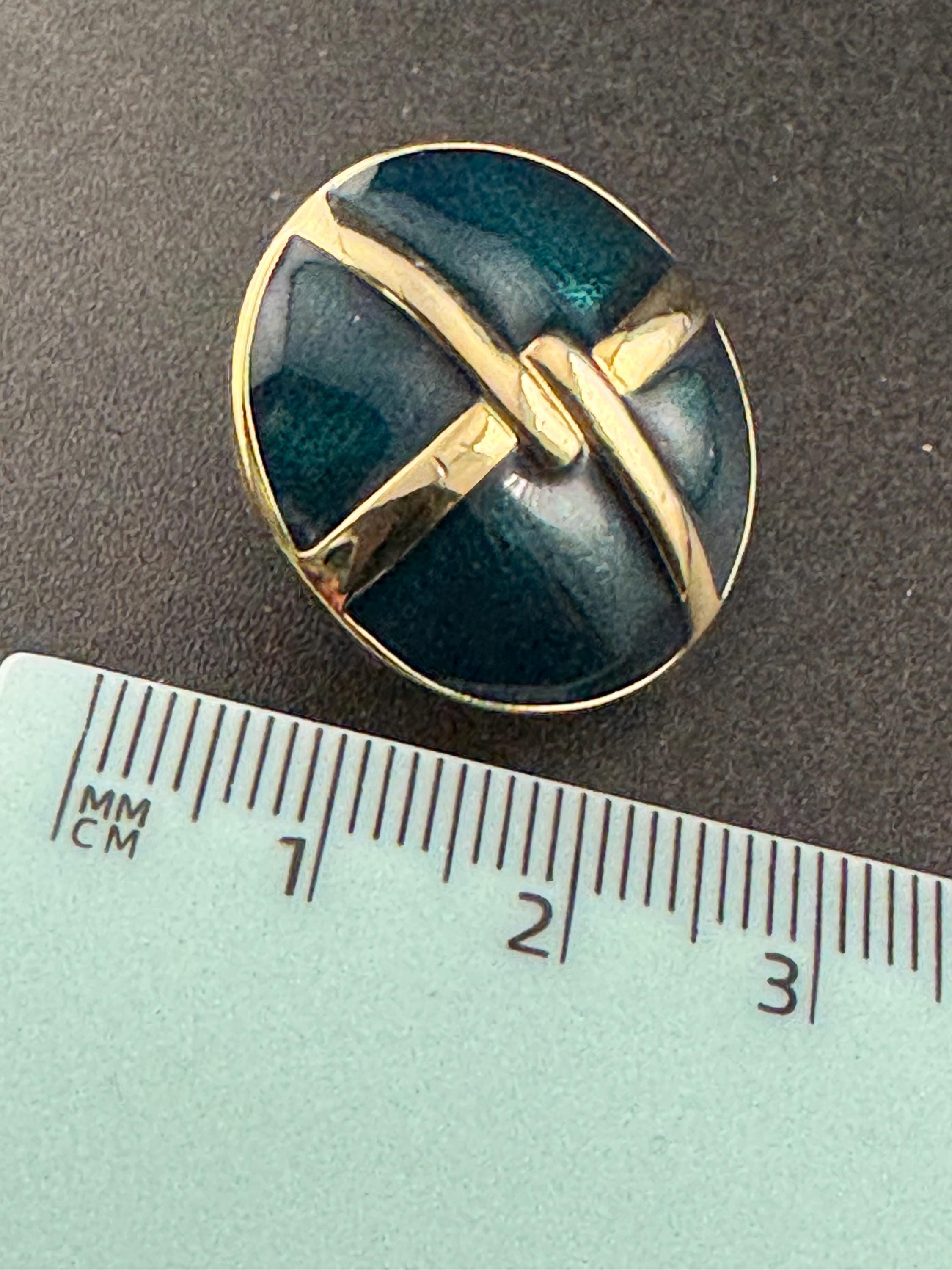 Gold tone teal green enamel round stud clip on earrings, Vintage