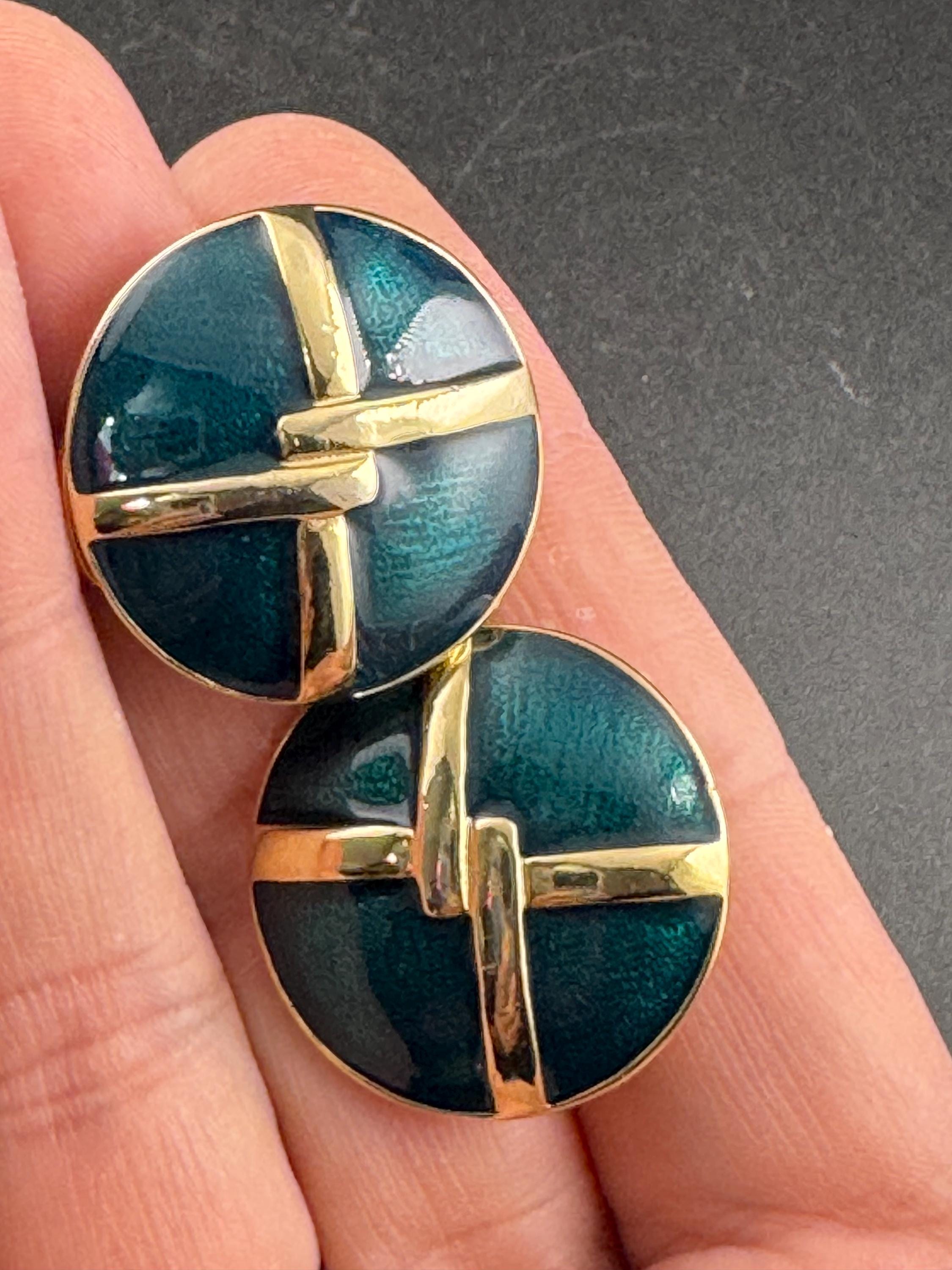 Gold tone teal green enamel round stud clip on earrings, Vintage