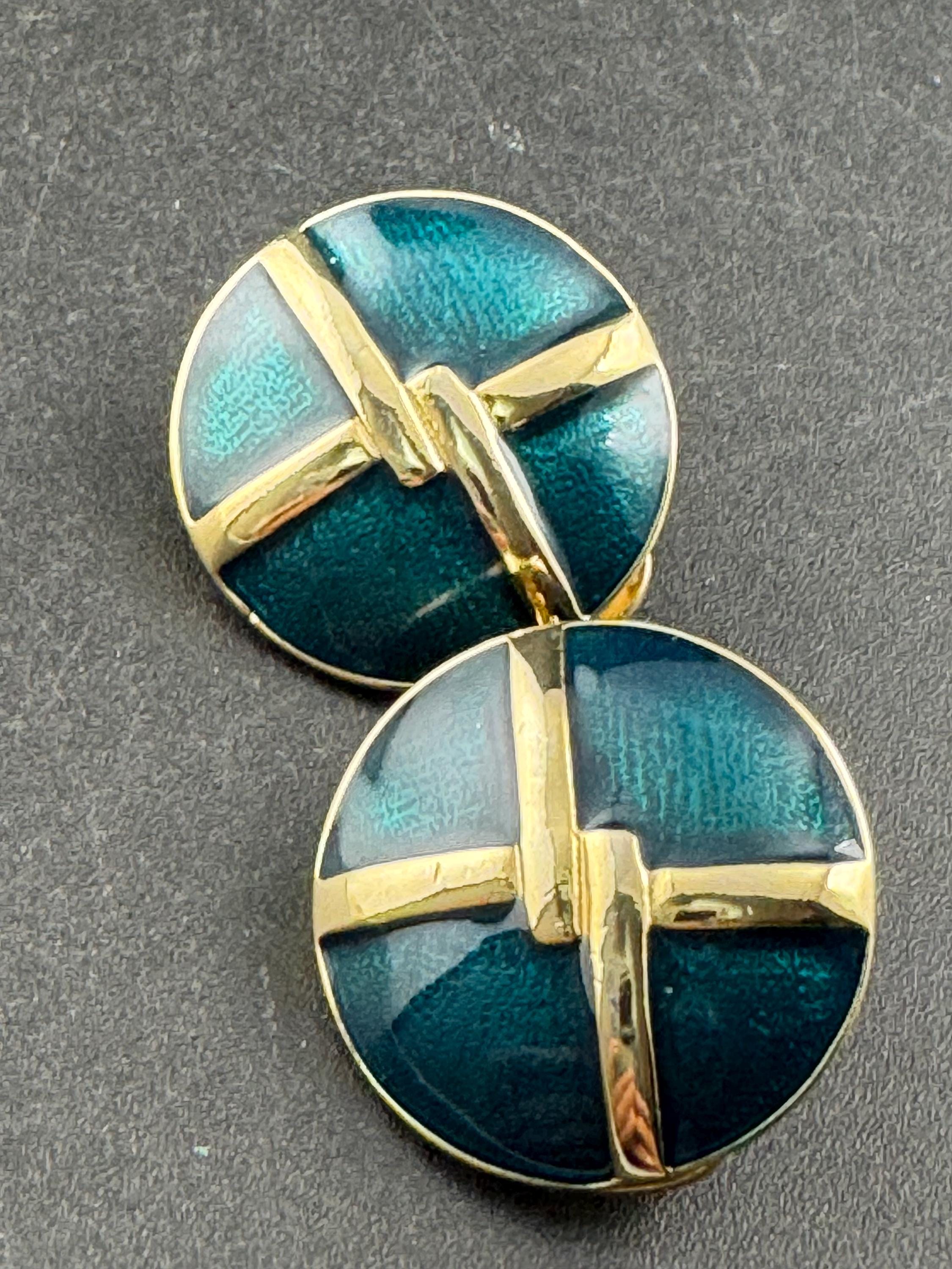 Gold tone teal green enamel round stud clip on earrings, Vintage