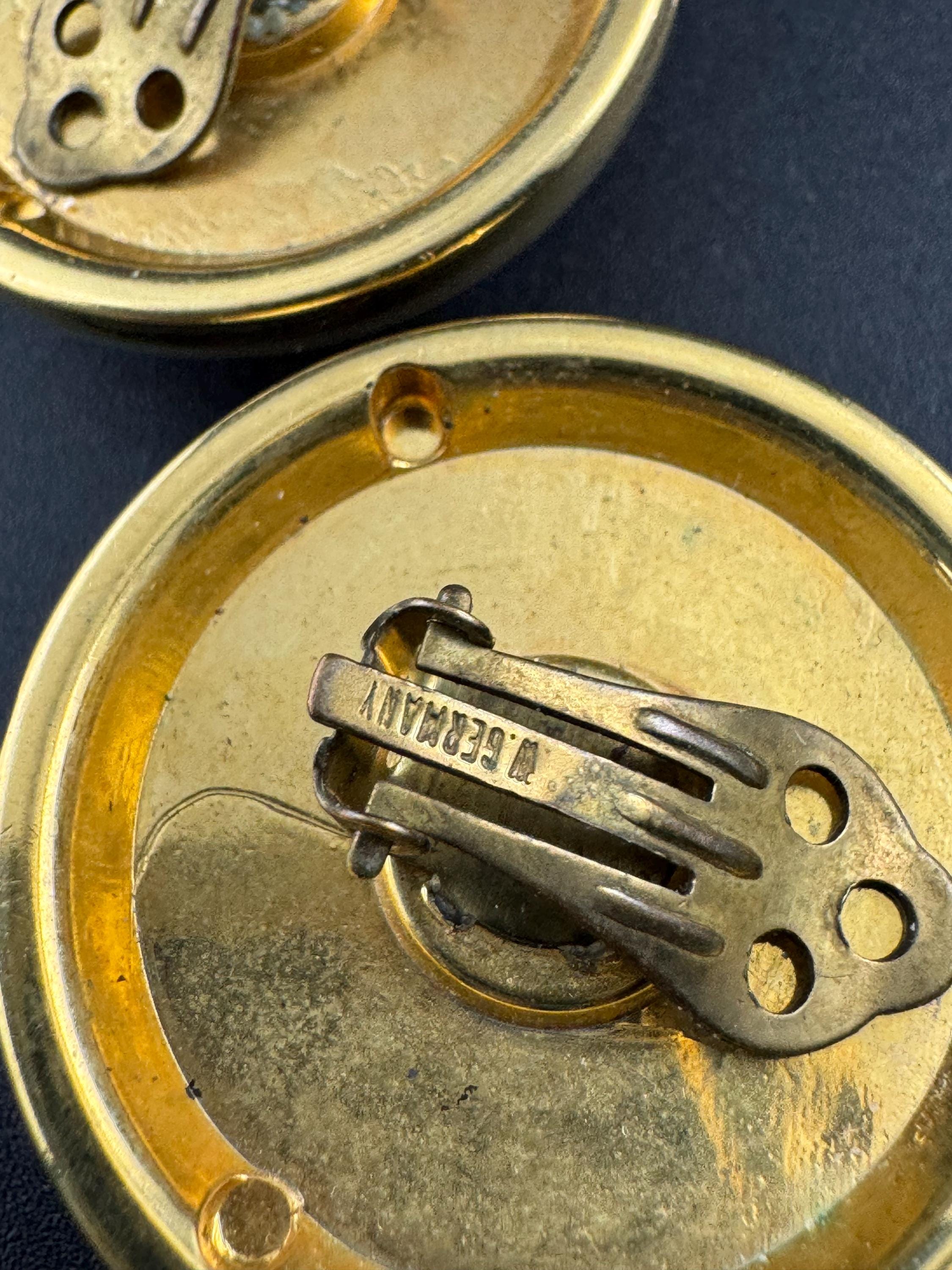 West Germany Gold Clip On Earrings: bright blue Acrylic Cabochon, 1990s