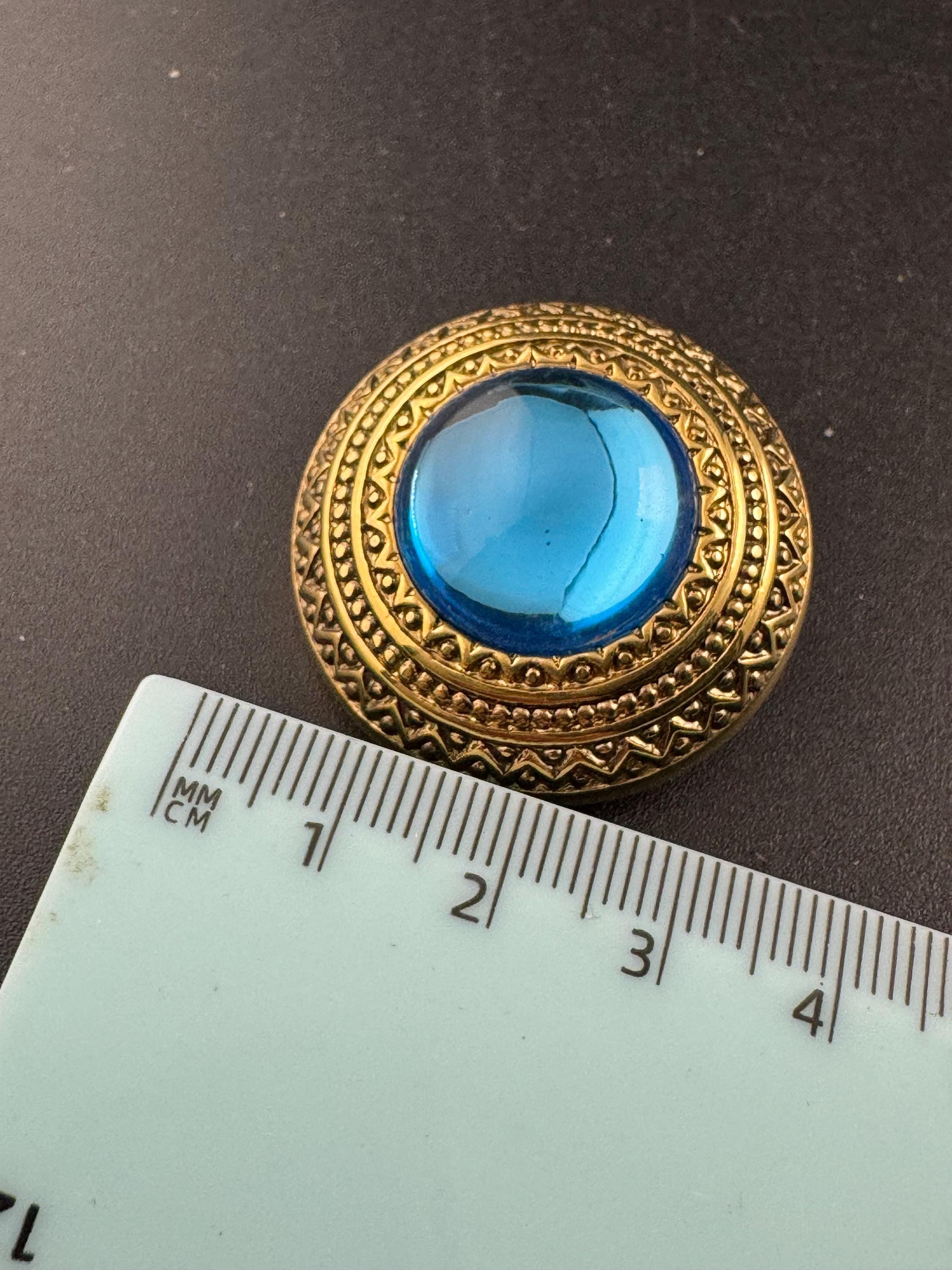 West Germany Gold Clip On Earrings: bright blue Acrylic Cabochon, 1990s