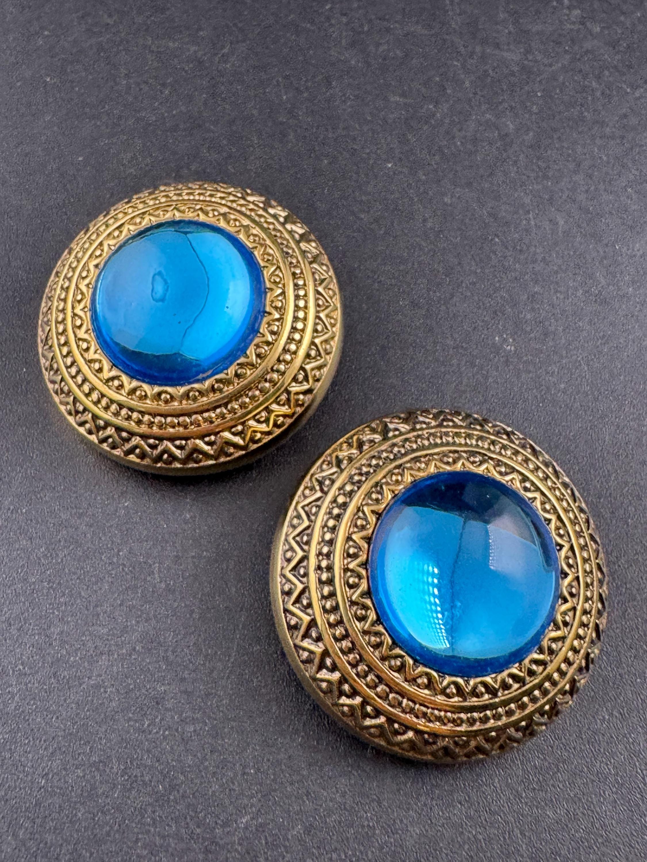 West Germany Gold Clip On Earrings: bright blue Acrylic Cabochon, 1990s