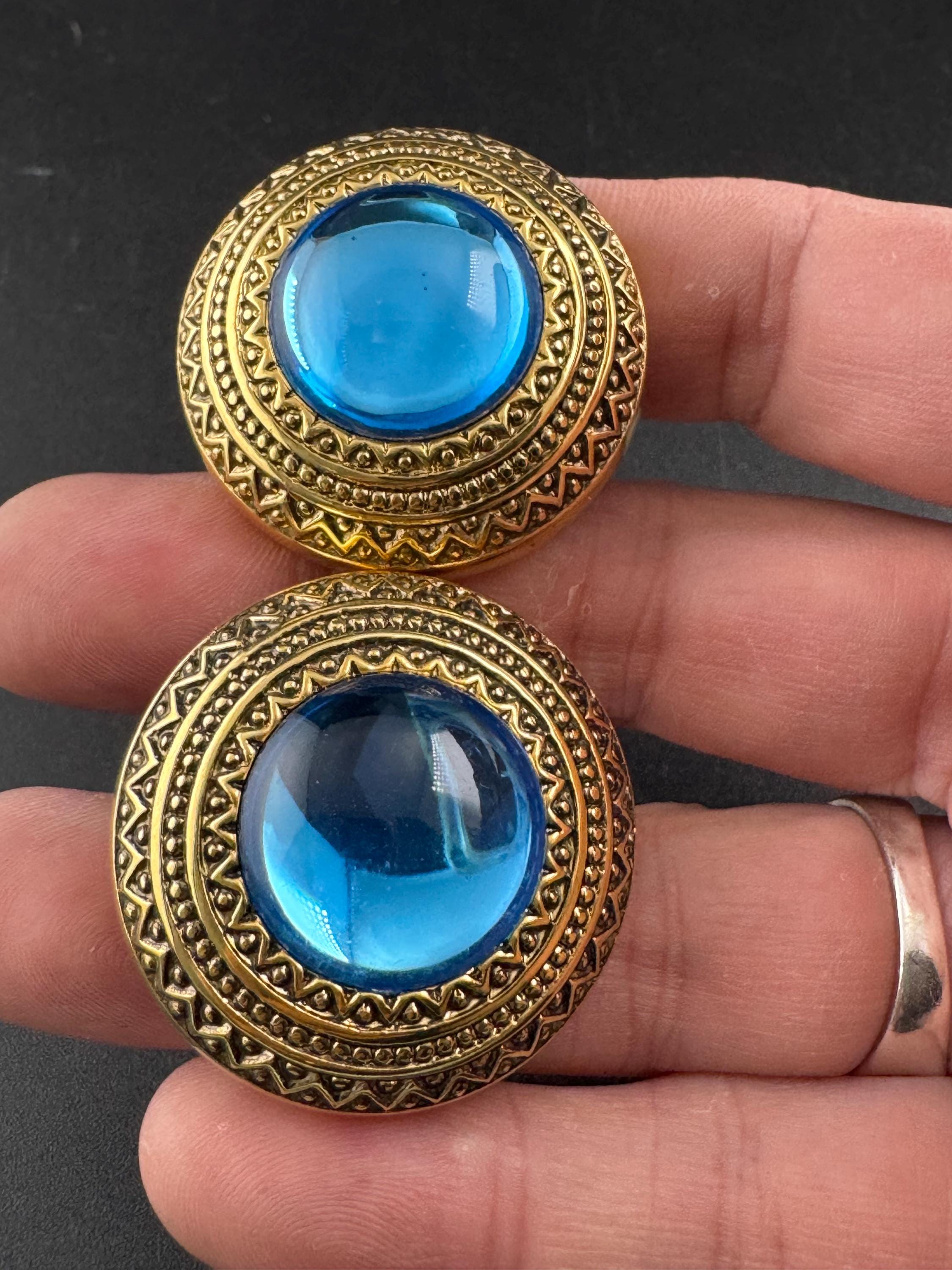 West Germany Gold Clip On Earrings: bright blue Acrylic Cabochon, 1990s
