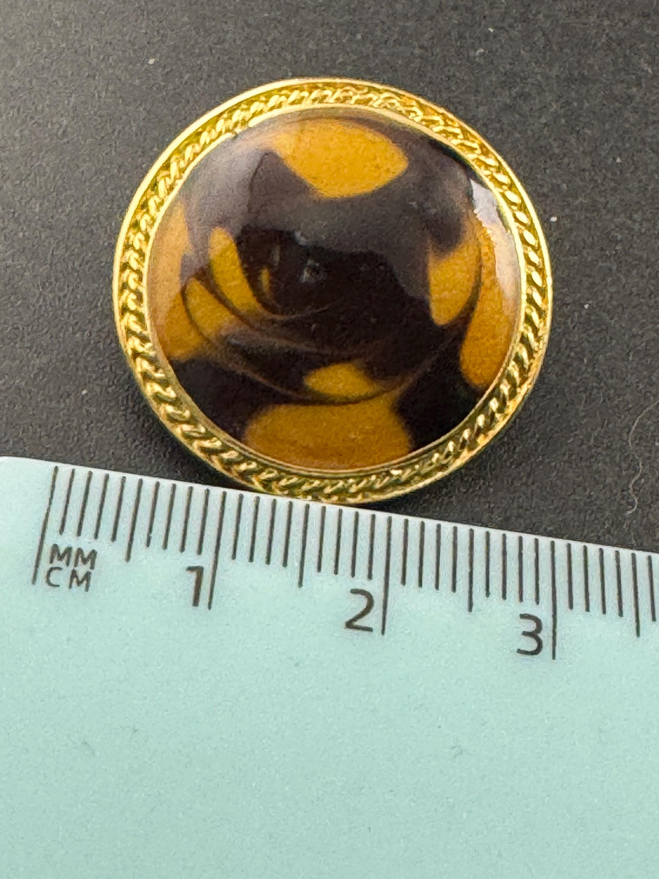 Vintage brown and tan enamel disc clip on earrings, gold tone 2.5cm