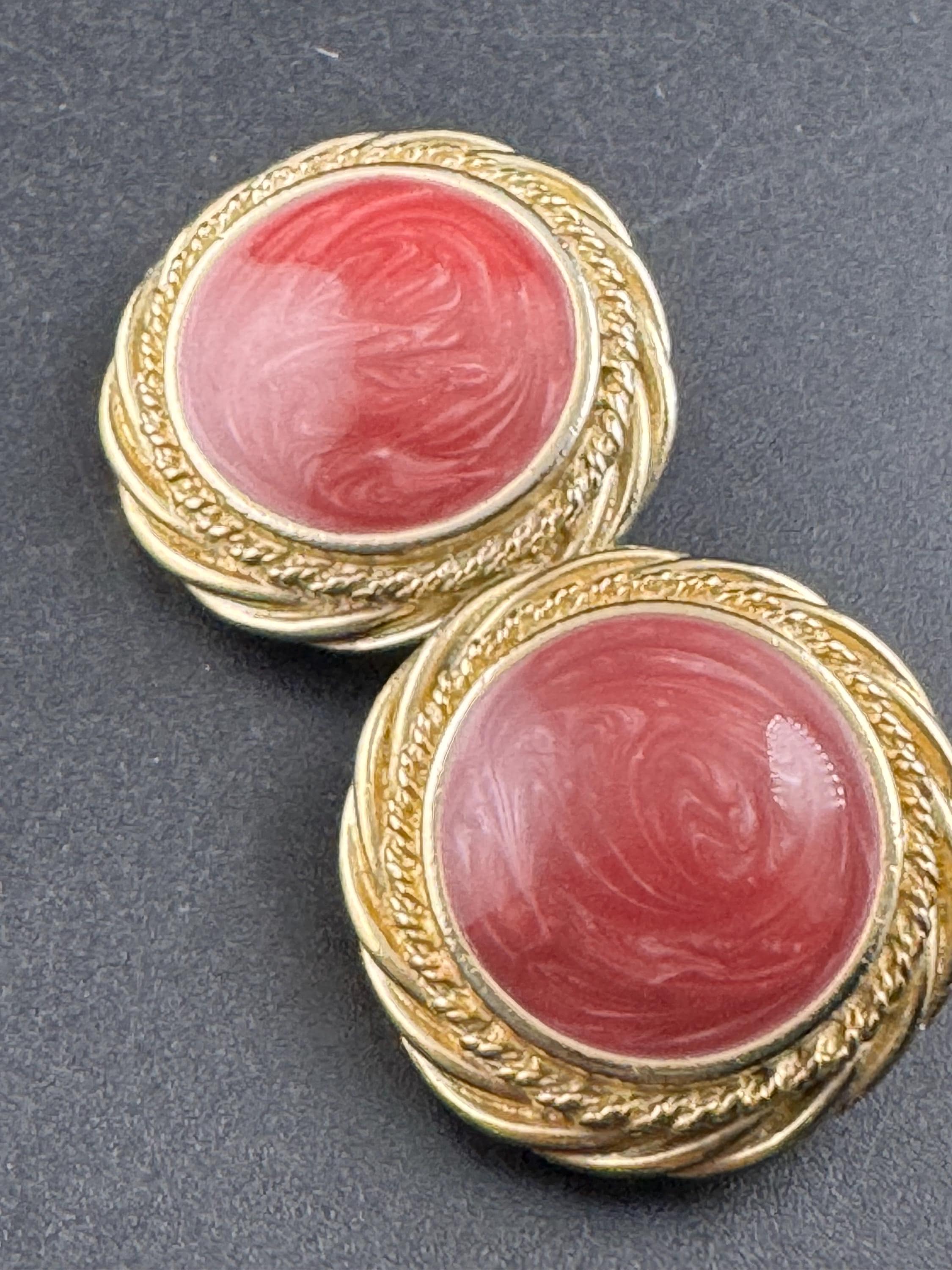 Vintage dusky pink enamel large disc clip on earrings , gold tone