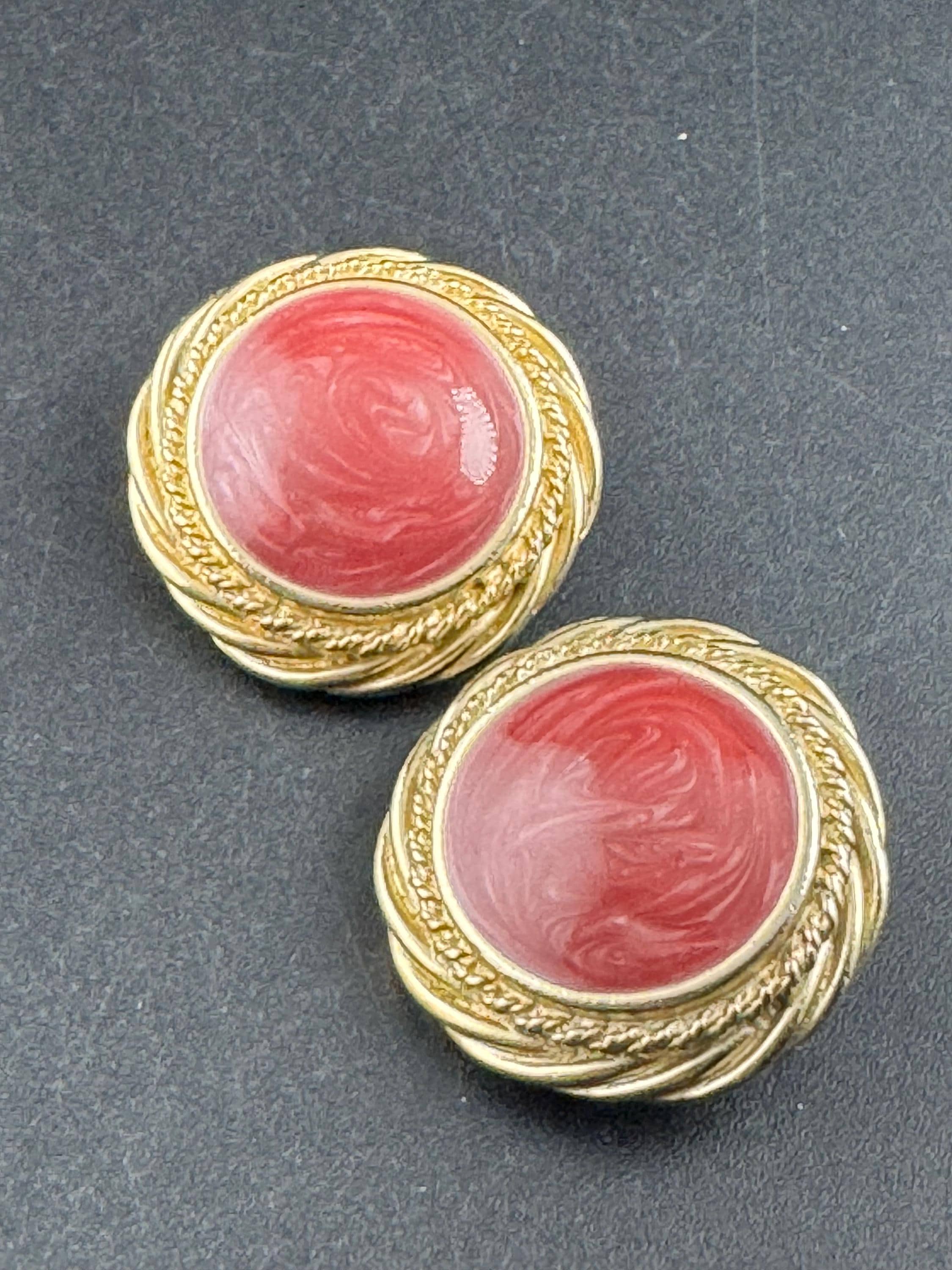 Vintage dusky pink enamel large disc clip on earrings , gold tone