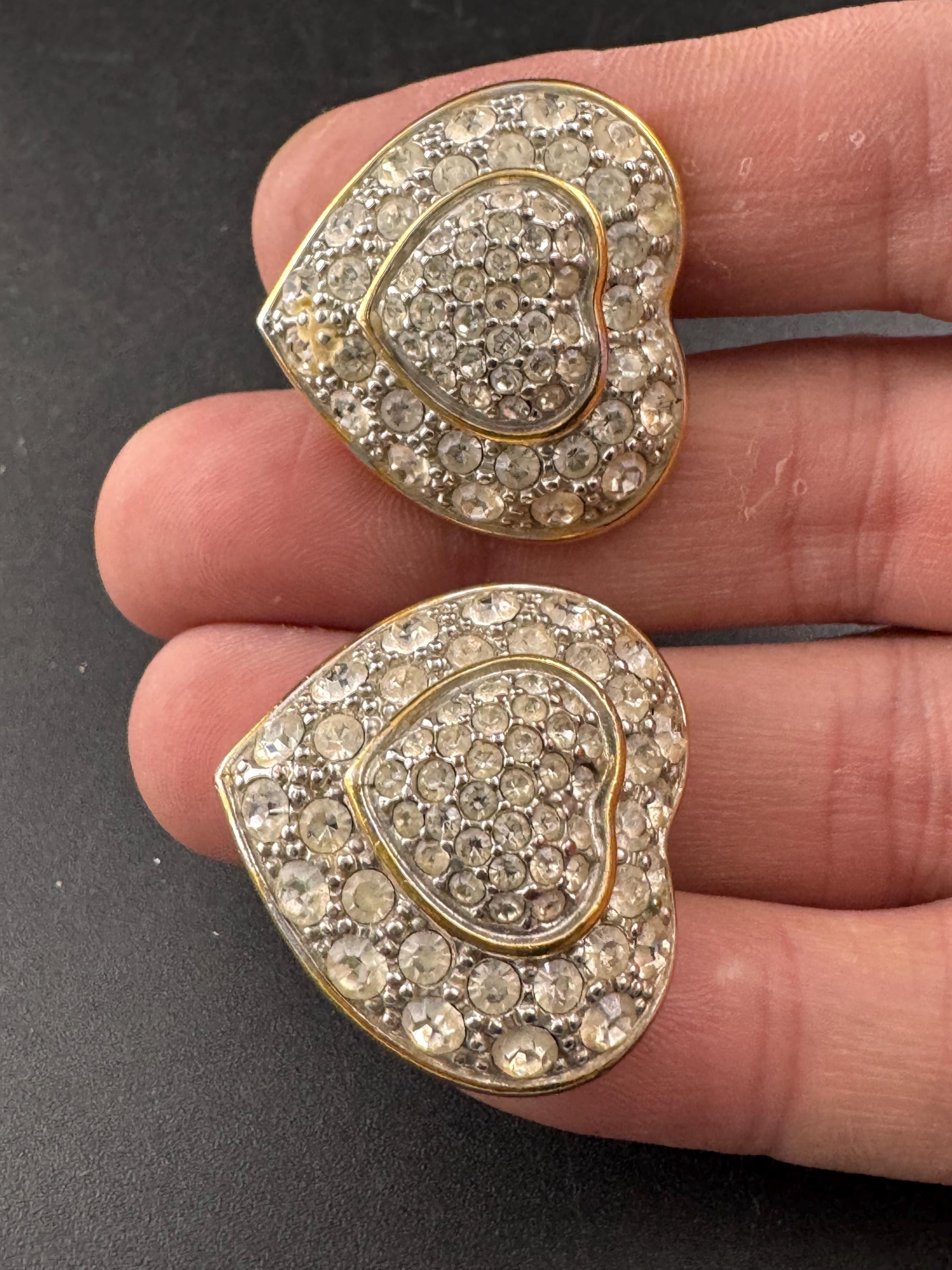 Vintage 1980s clear Crystal Heart oversized clip on Earrings: gold Tone