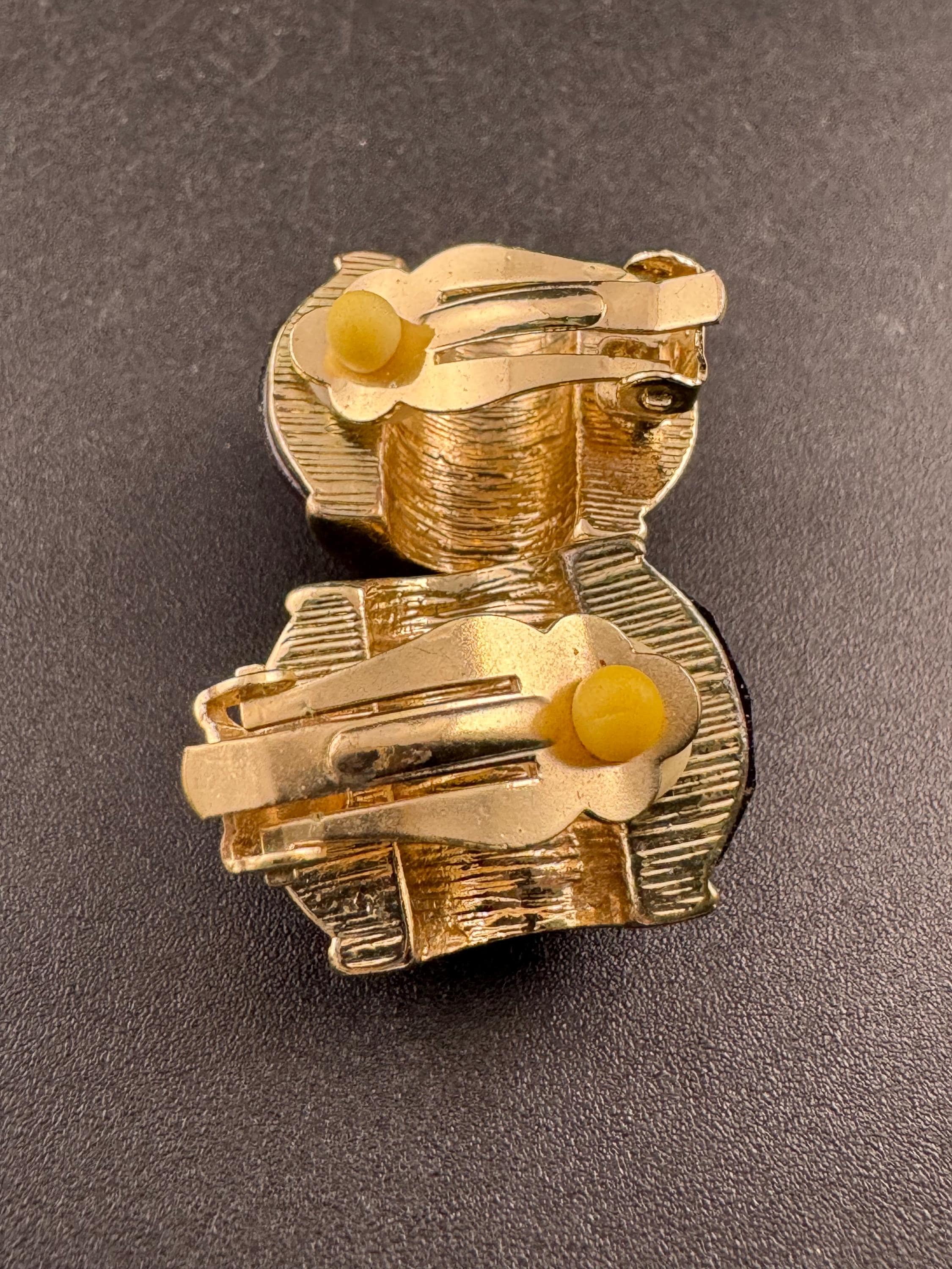 Vintage dark red acrylic Clip On Earrings: half hoop, Gold Tone