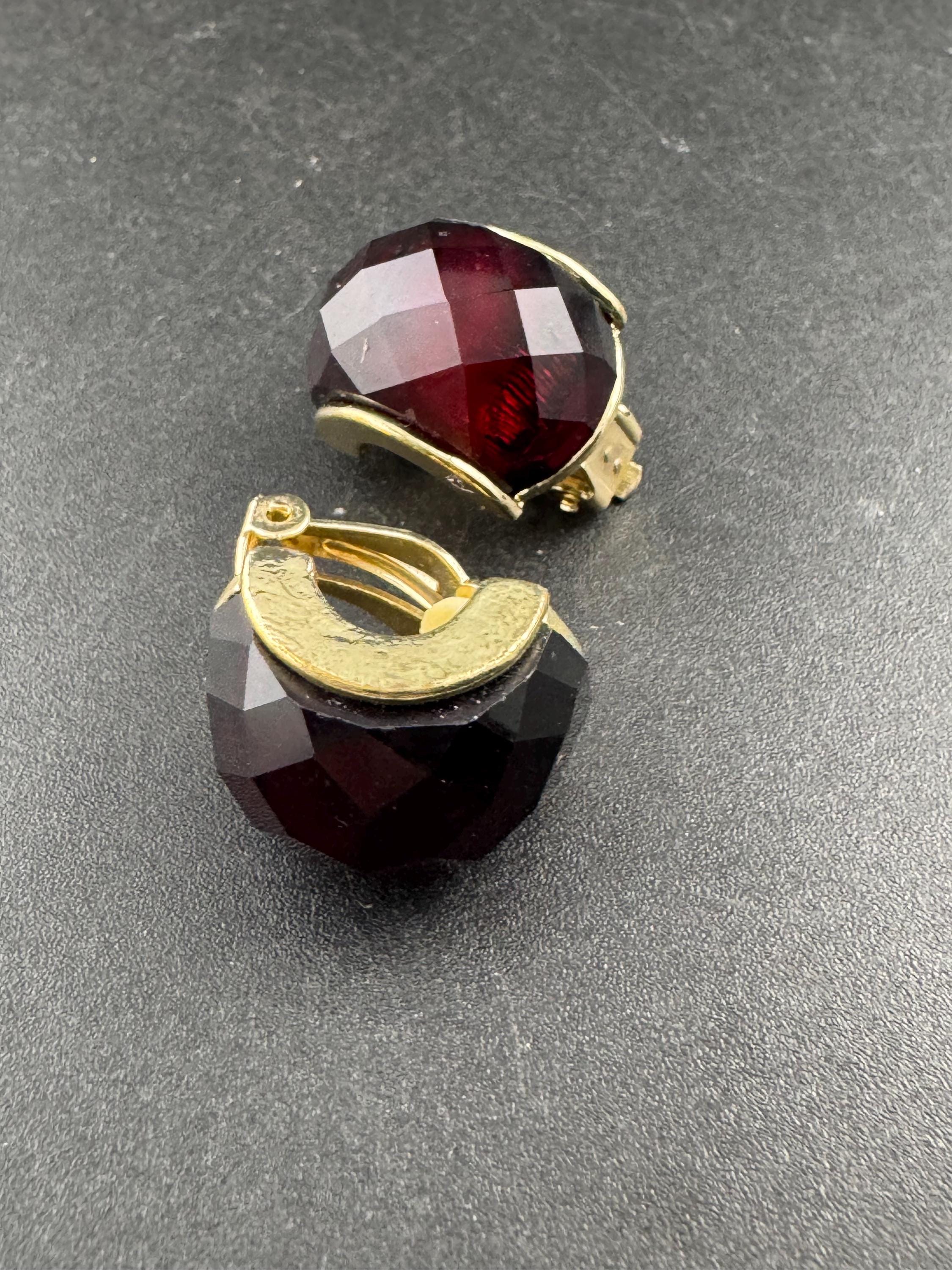 Vintage dark red acrylic Clip On Earrings: half hoop, Gold Tone
