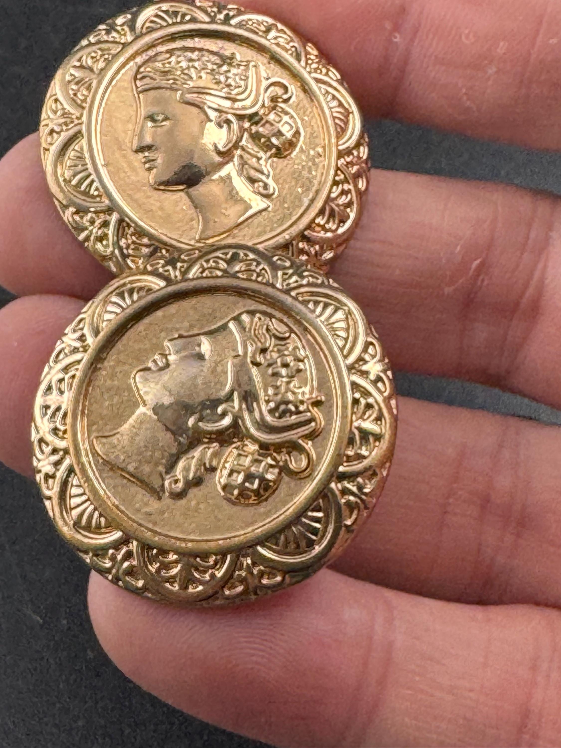 Etruscan style oversized gold Coin pierced earrings