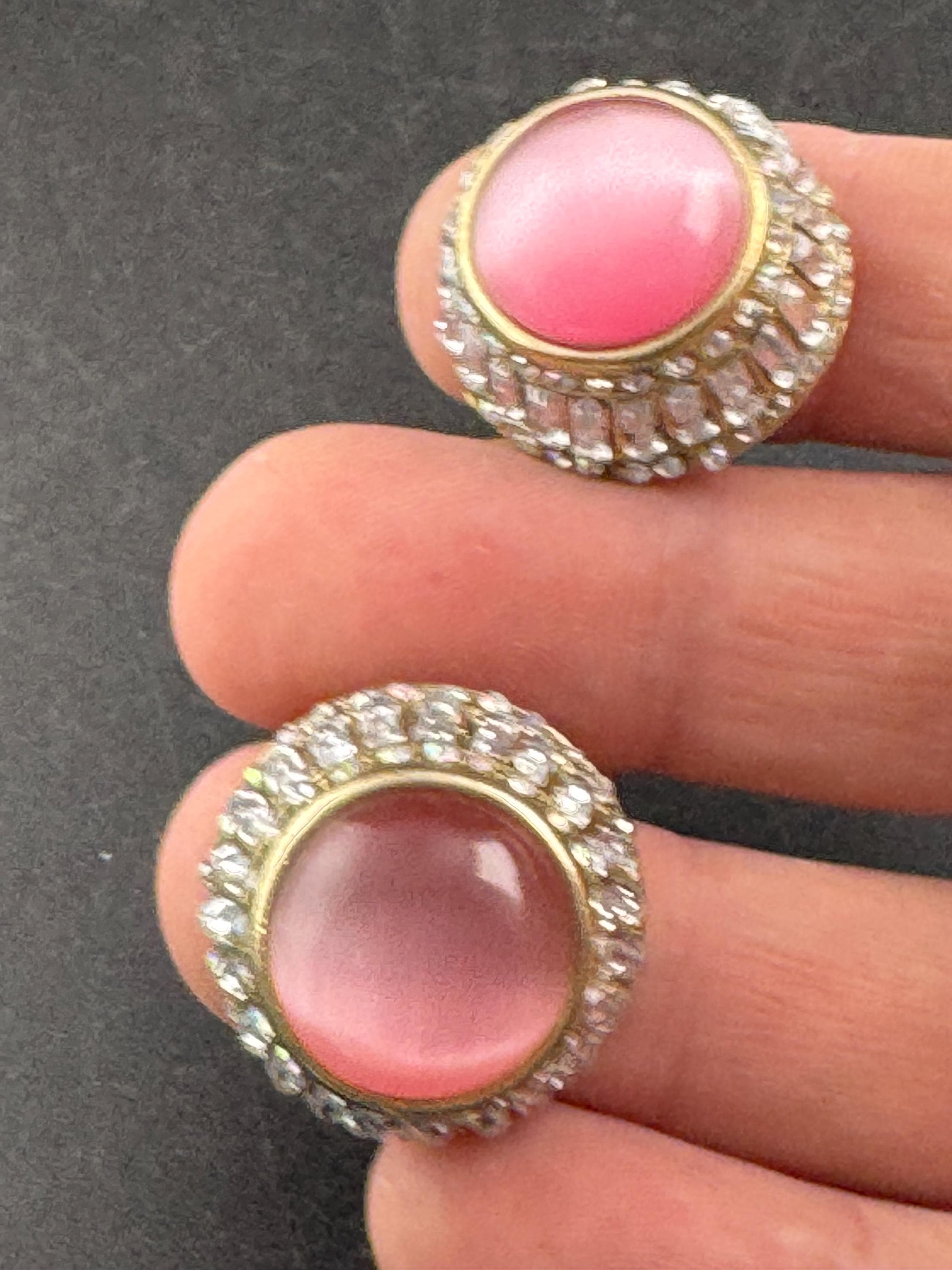 Pink glass cabochon, baguette crystal domed stud earrings, pierced ears