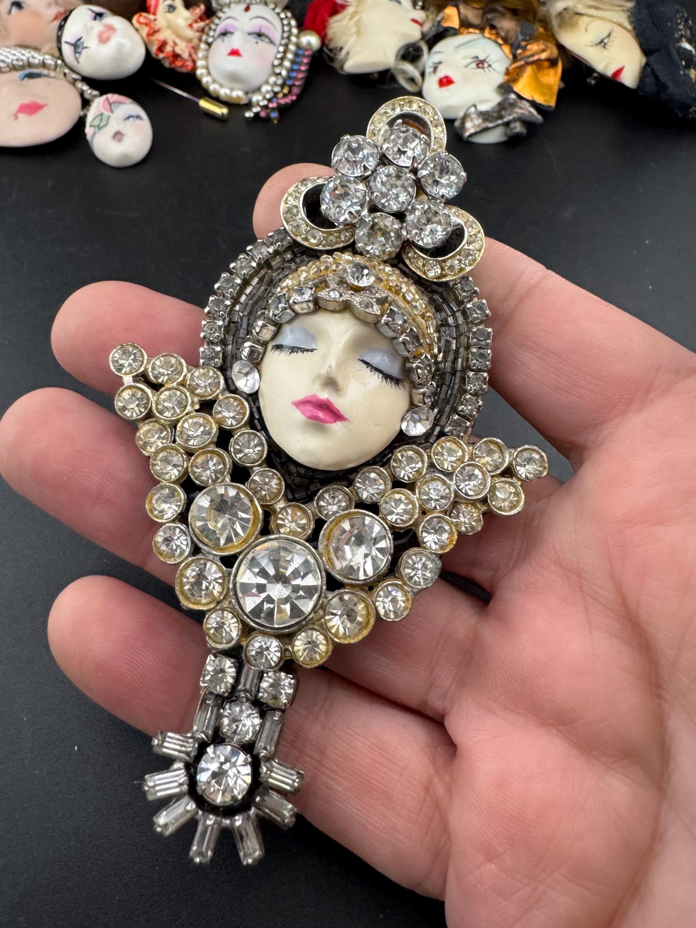 Oversized vintage signed rhinestone flapper face brooch , art deco lady pin