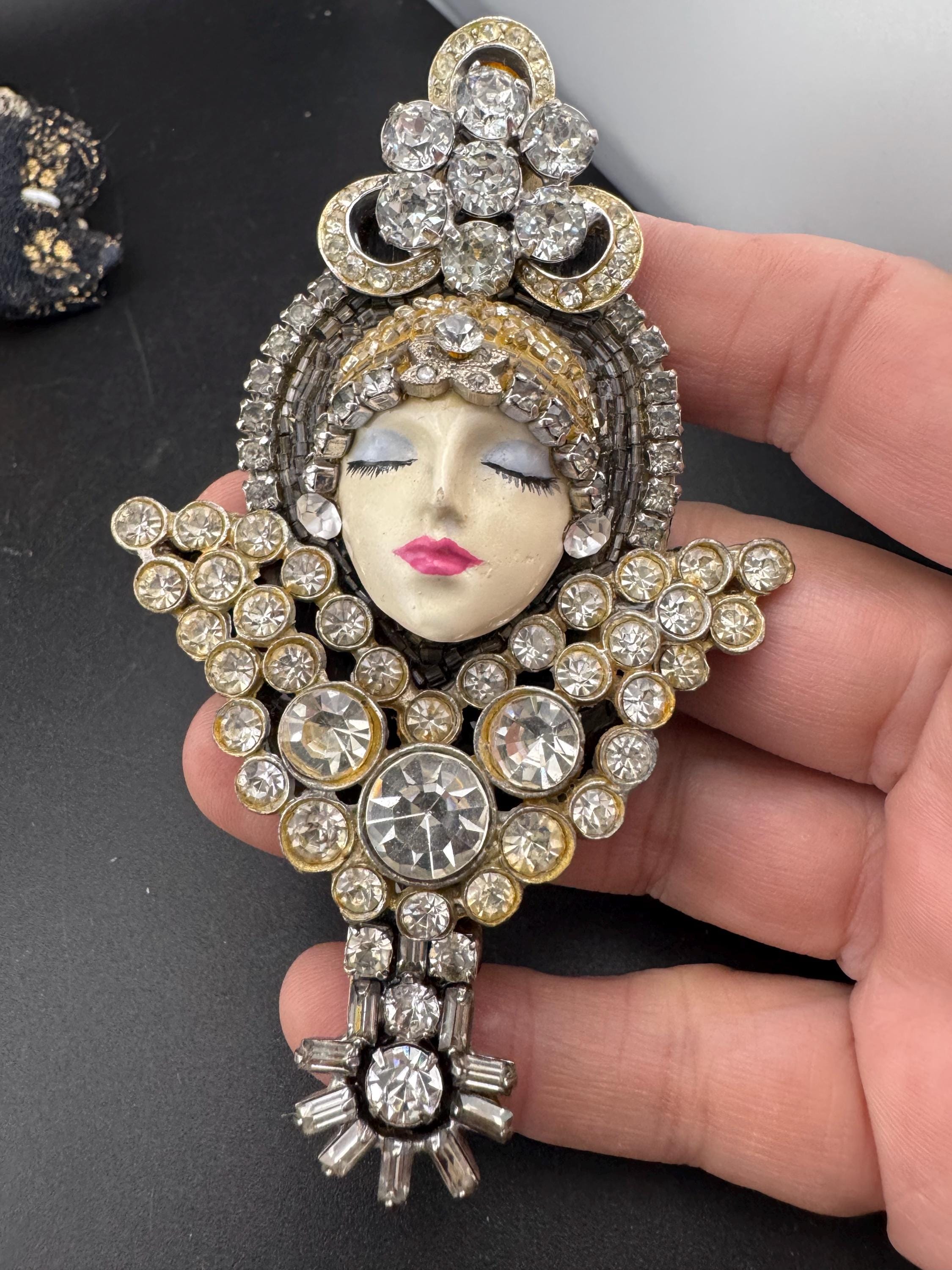 Oversized vintage signed rhinestone flapper face brooch , art deco lady pin